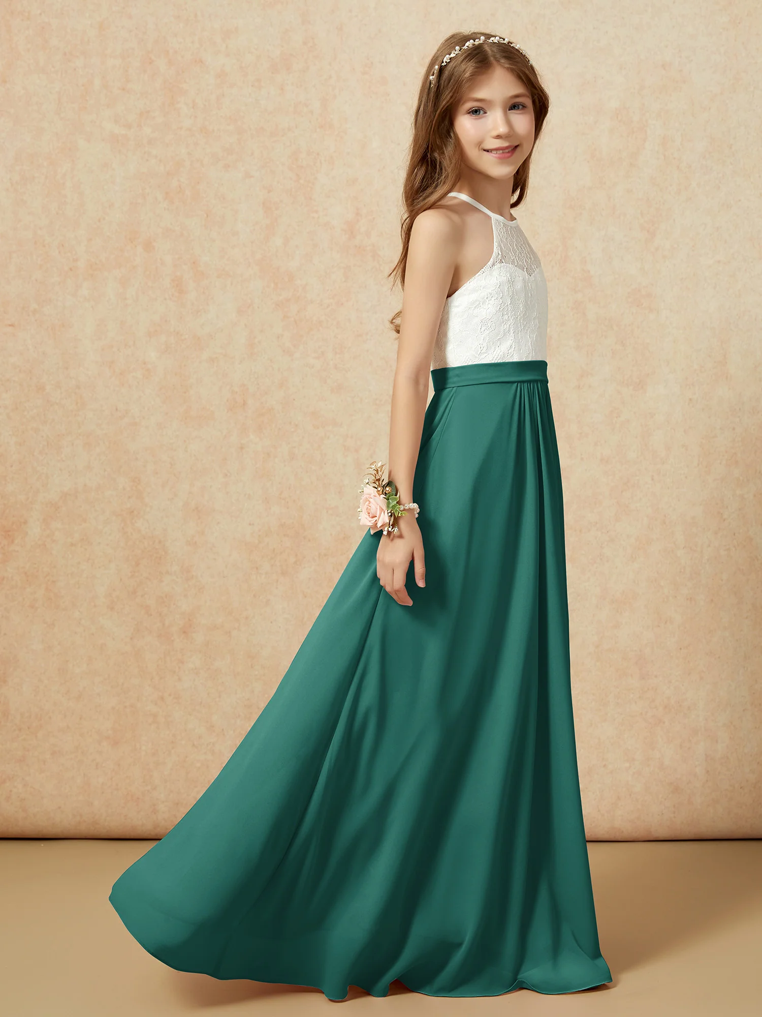 Halter Lace Top Sleeveless Junior Bridesmaid Dress Peacock - Image 6