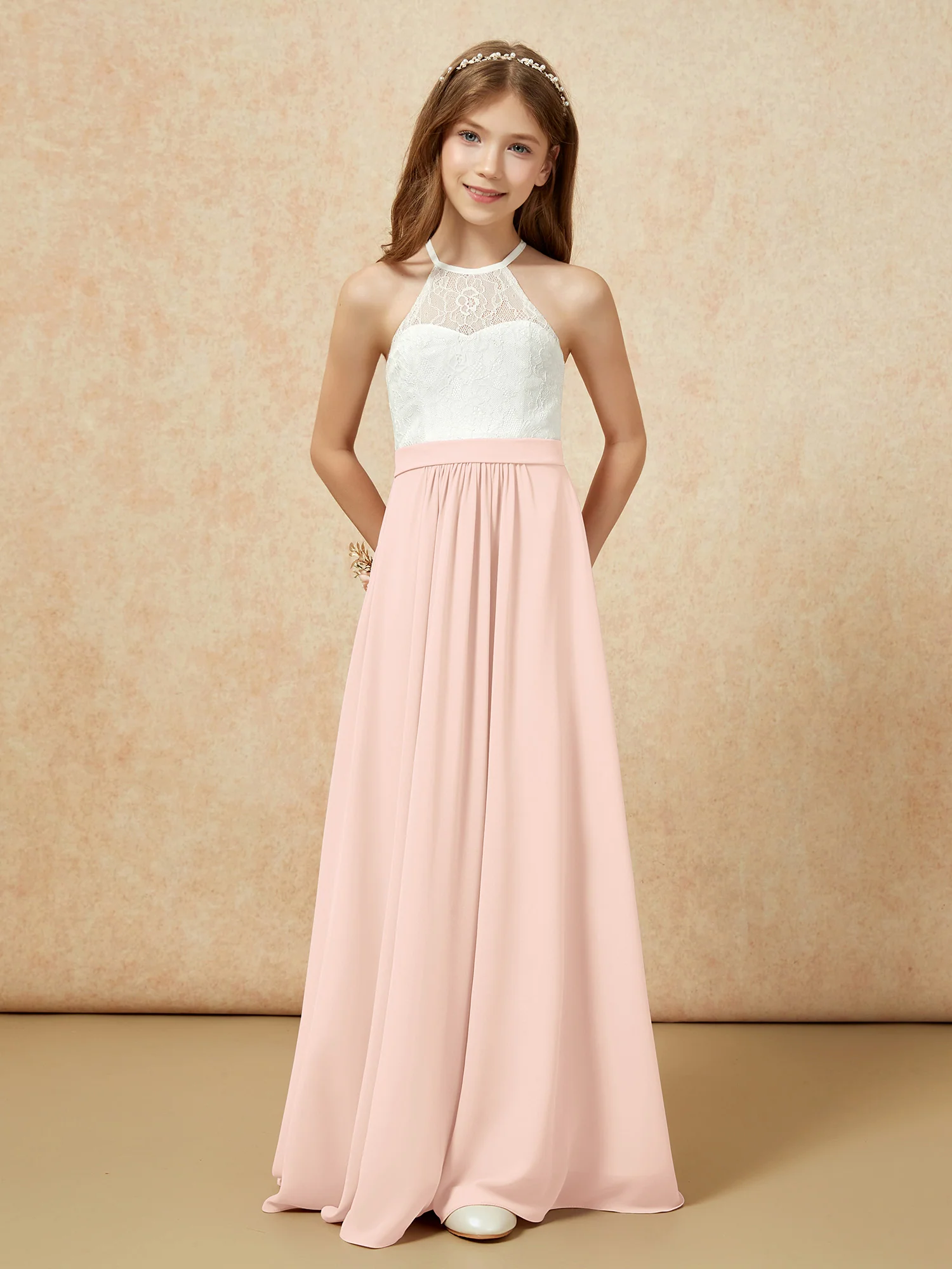 Halter Lace Top Sleeveless Junior Bridesmaid Dress Pearl Pink - Image 4