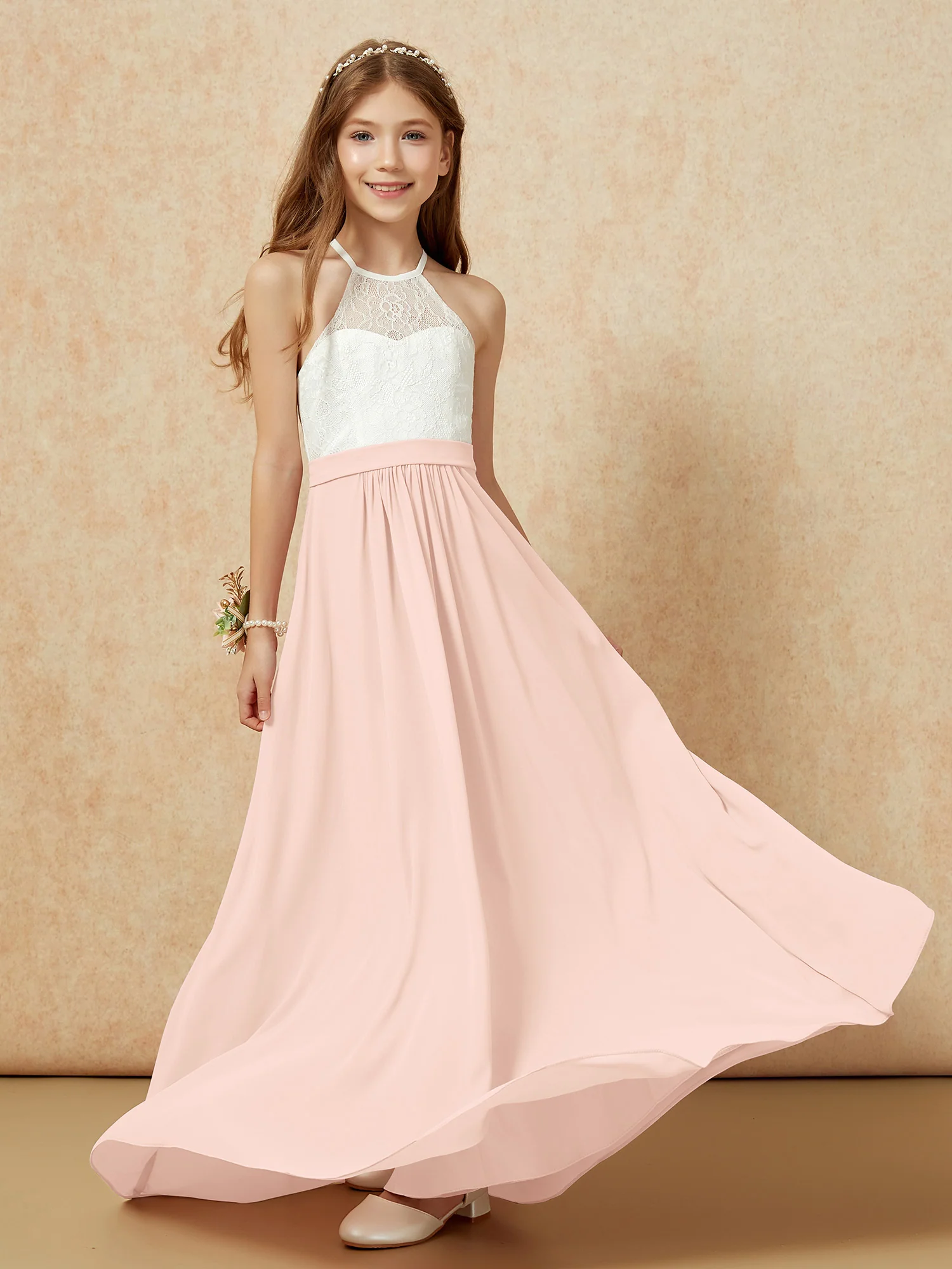 Halter Lace Top Sleeveless Junior Bridesmaid Dress Pearl Pink - Image 5