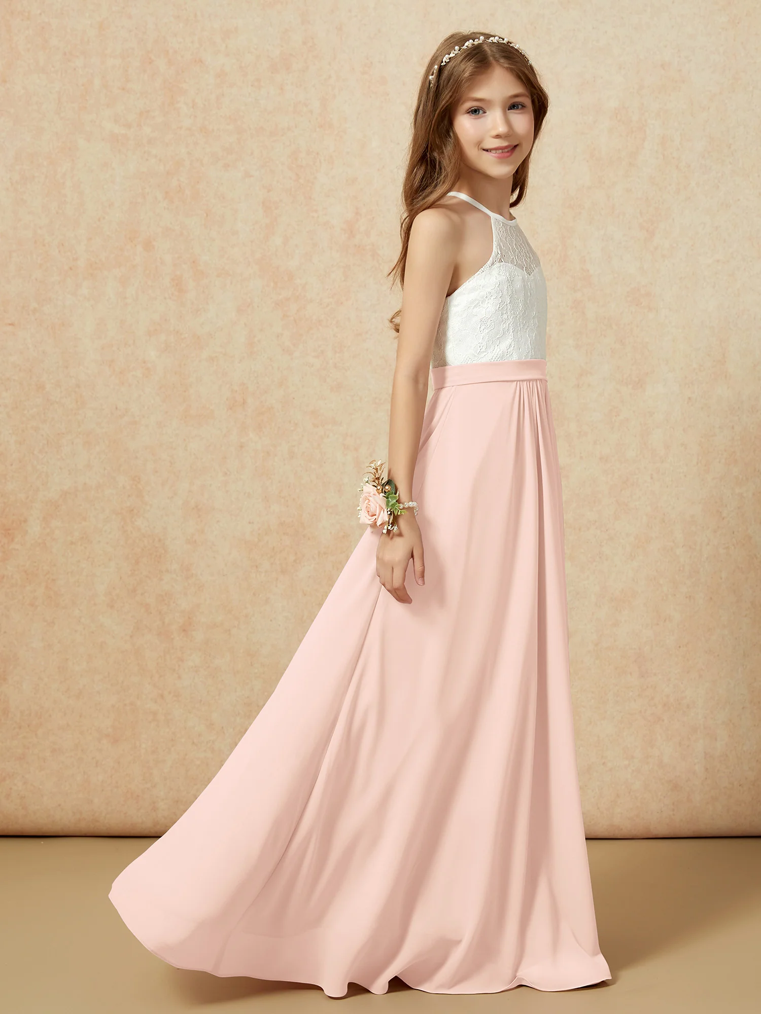 Halter Lace Top Sleeveless Junior Bridesmaid Dress Pearl Pink - Image 6