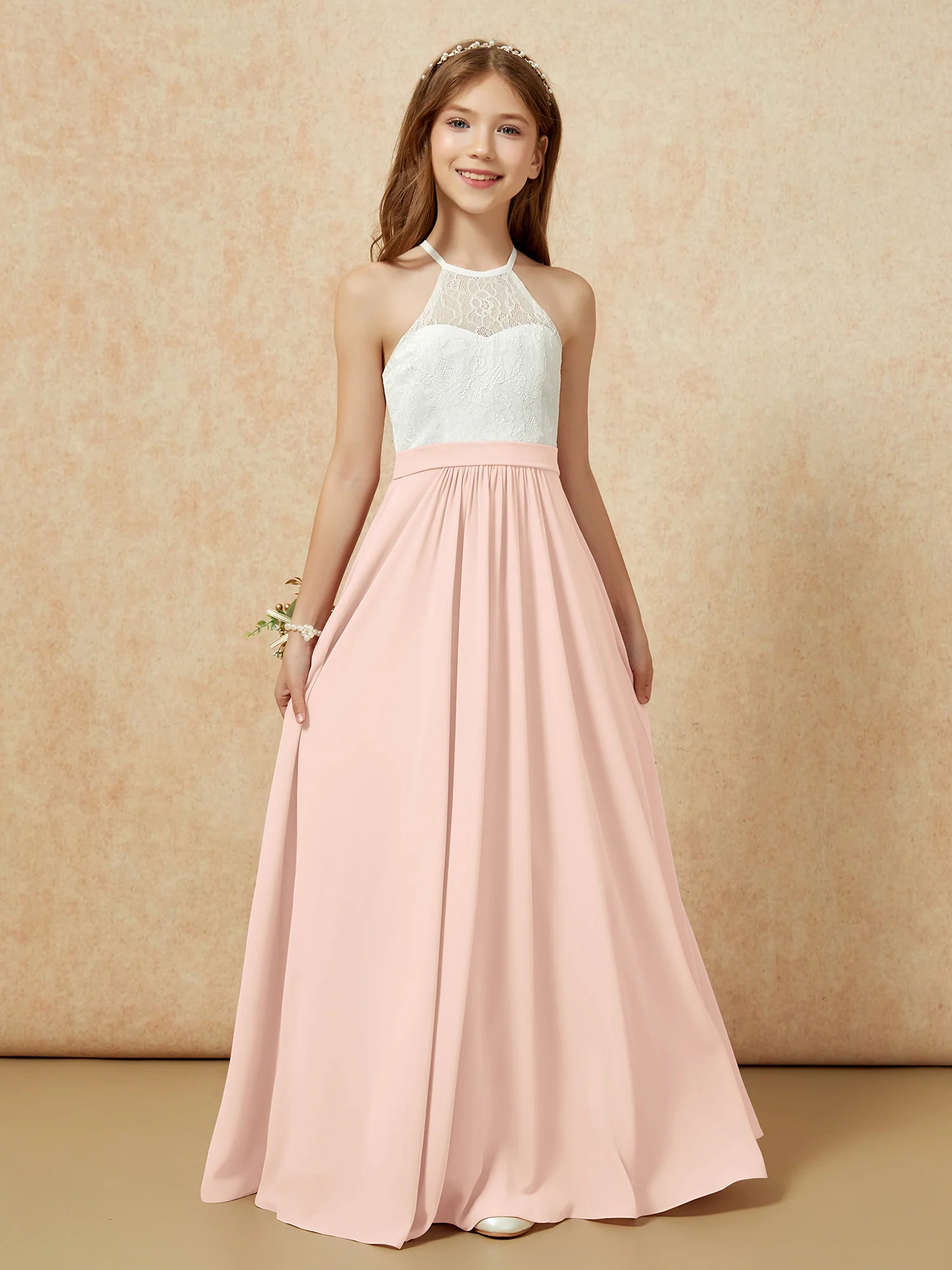Halter Lace Top Sleeveless Junior Bridesmaid Dress Pearl Pink - Image 7
