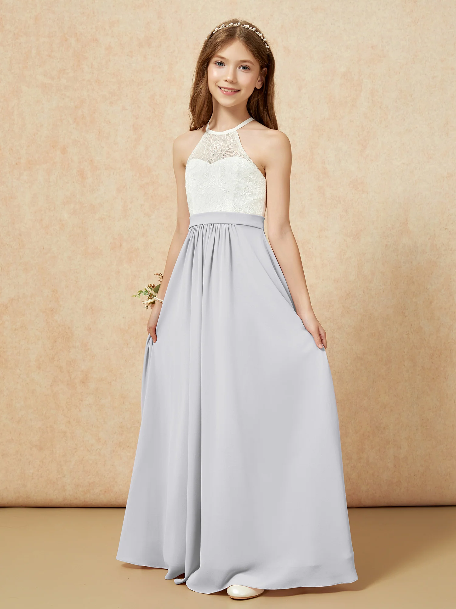 Halter Lace Top Sleeveless Junior Bridesmaid Dress Silver - Image 3