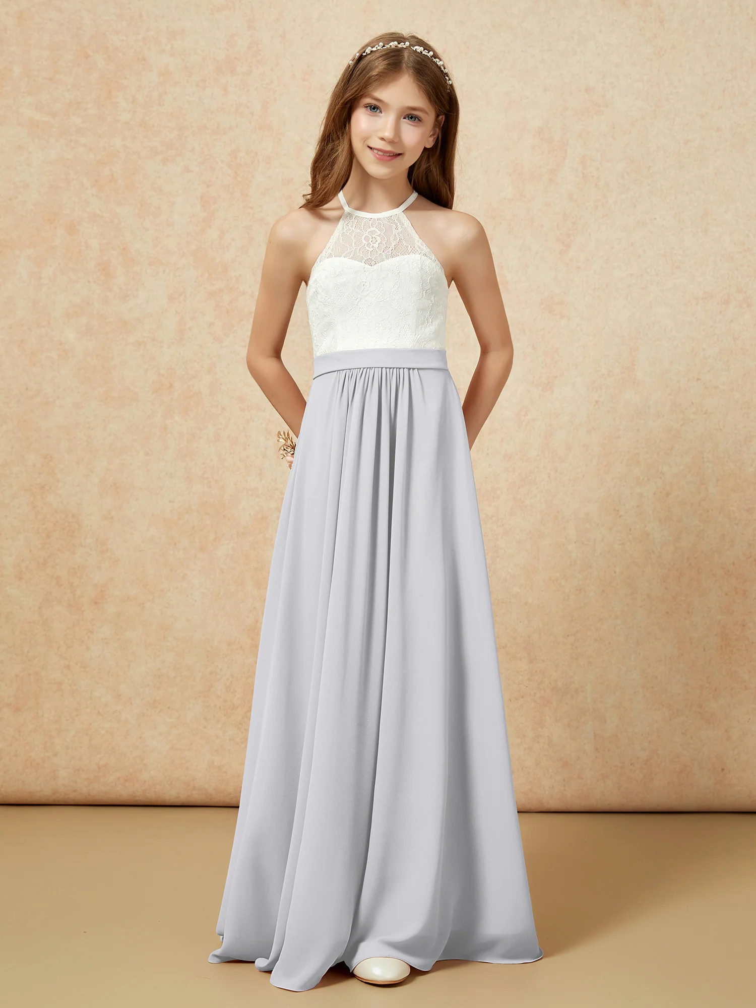 Halter Lace Top Sleeveless Junior Bridesmaid Dress Silver - Image 4