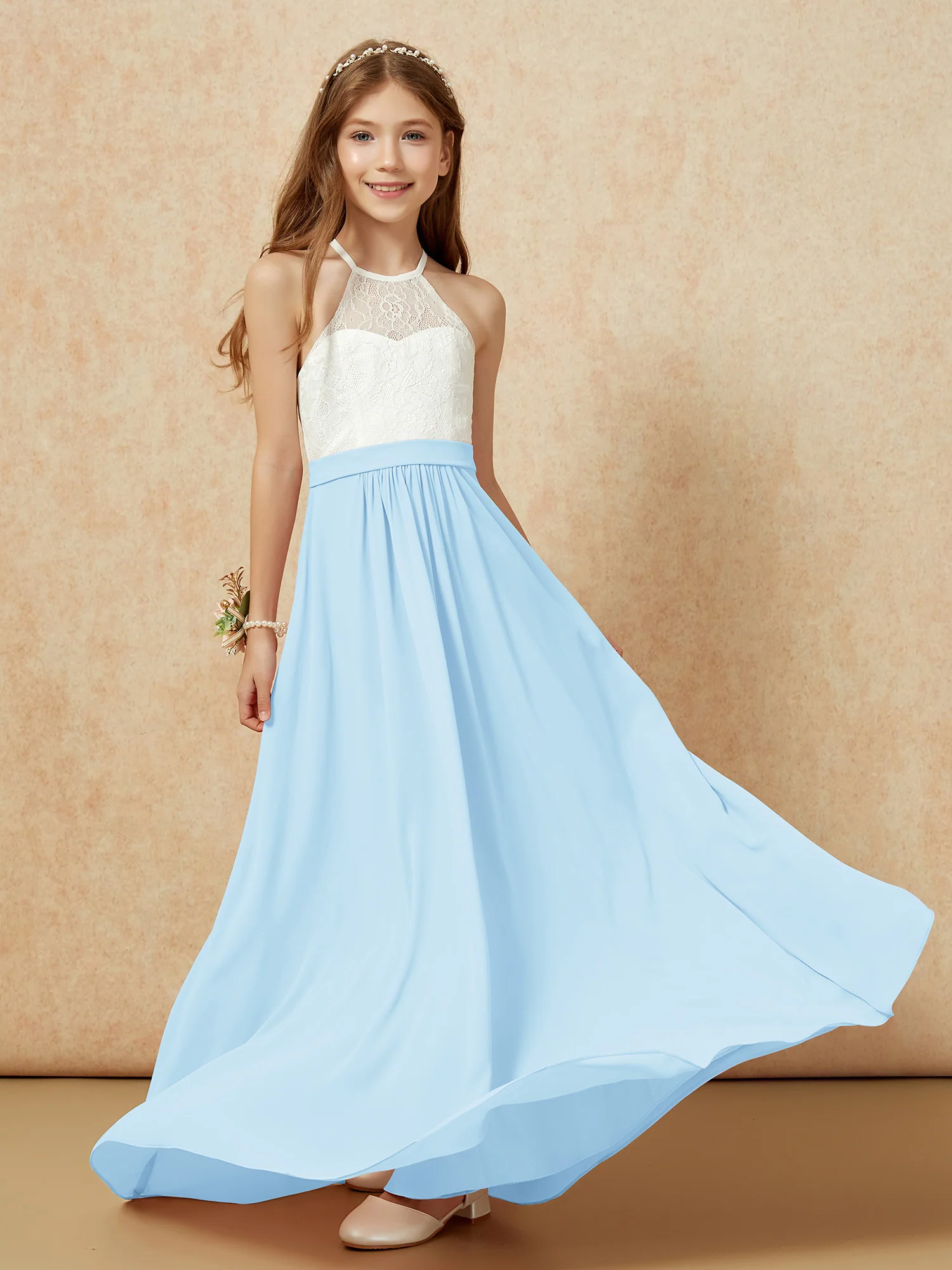 Halter Lace Top Sleeveless Junior Bridesmaid Dress Sky Blue - Image 5