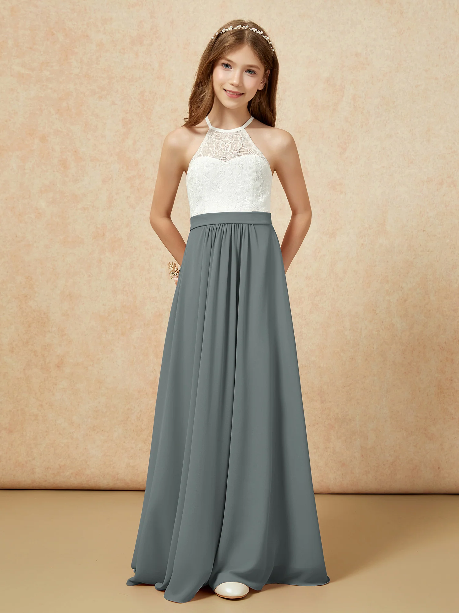 Halter Lace Top Sleeveless Junior Bridesmaid Dress Steel Grey - Image 4