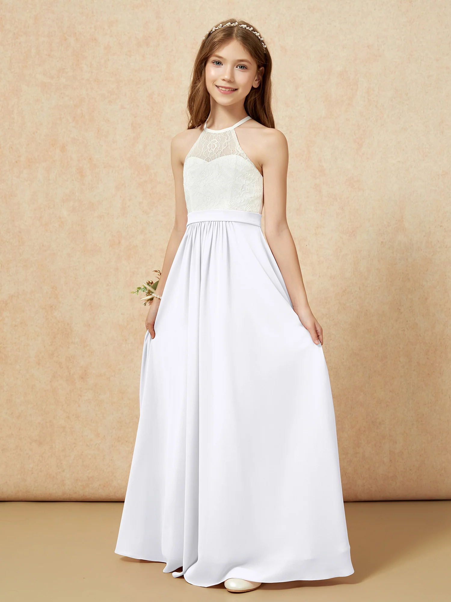 Halter Lace Top Sleeveless Junior Bridesmaid Dress White - Image 3