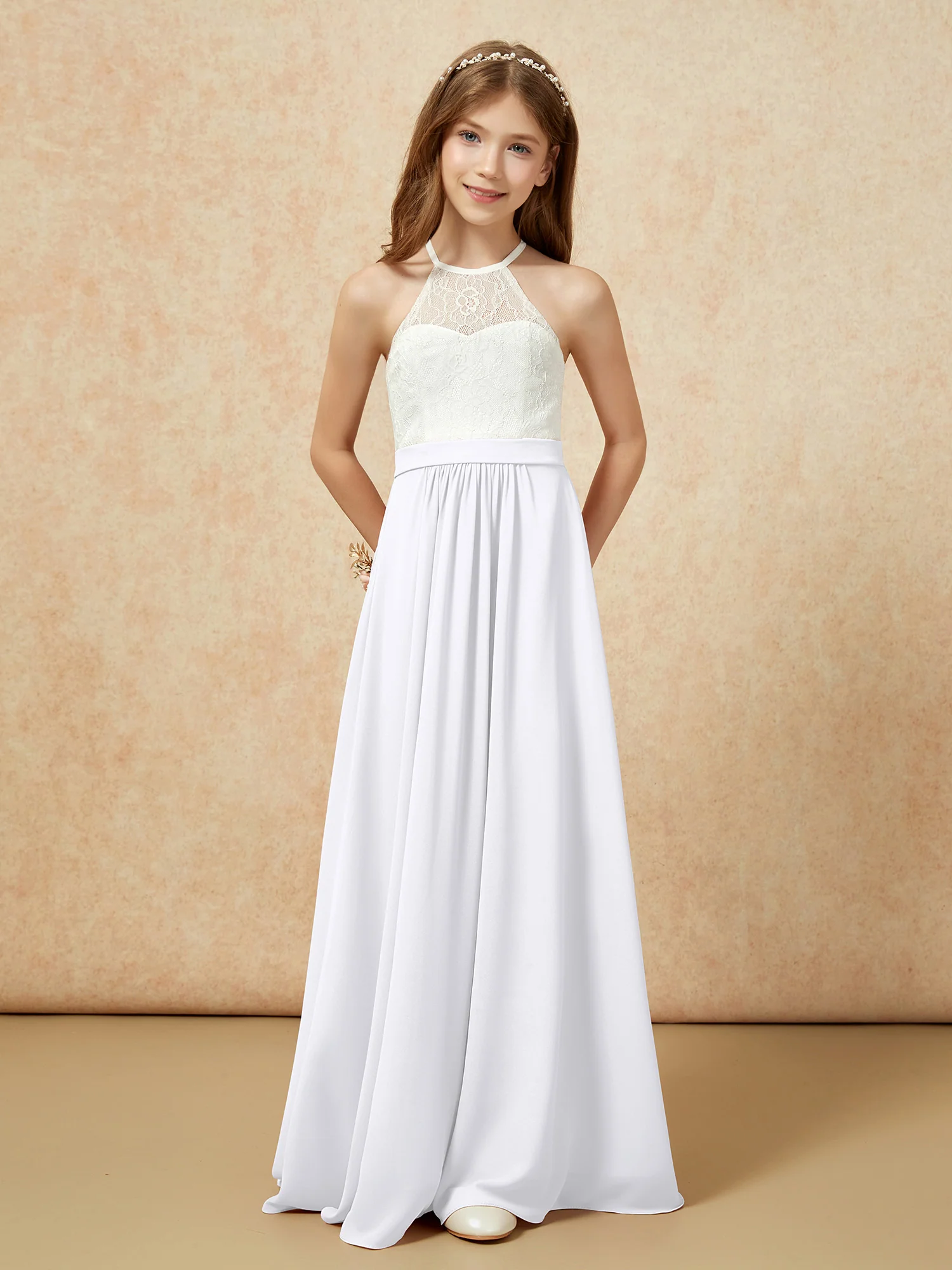 Halter Lace Top Sleeveless Junior Bridesmaid Dress White - Image 4