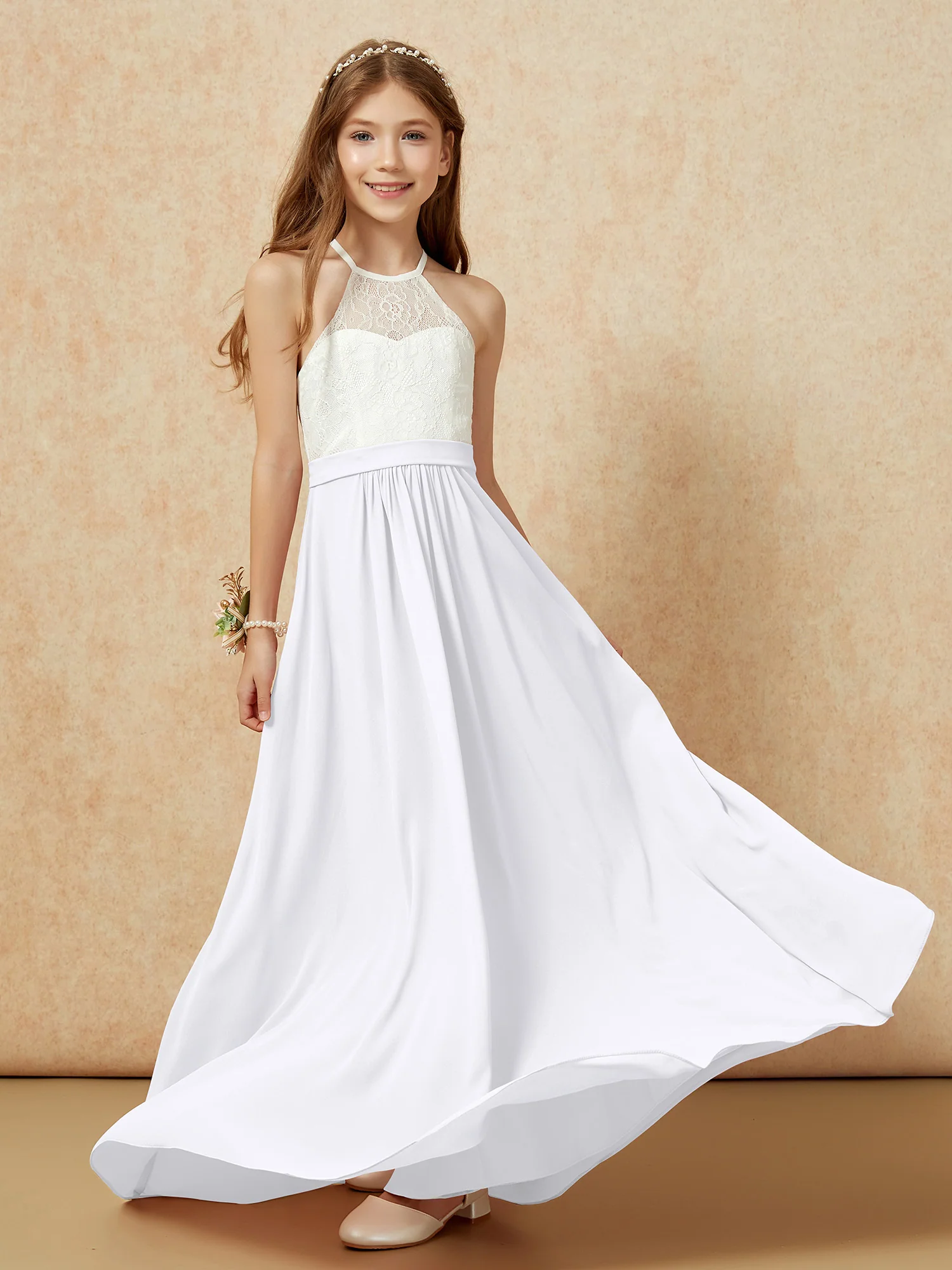 Halter Lace Top Sleeveless Junior Bridesmaid Dress White - Image 5