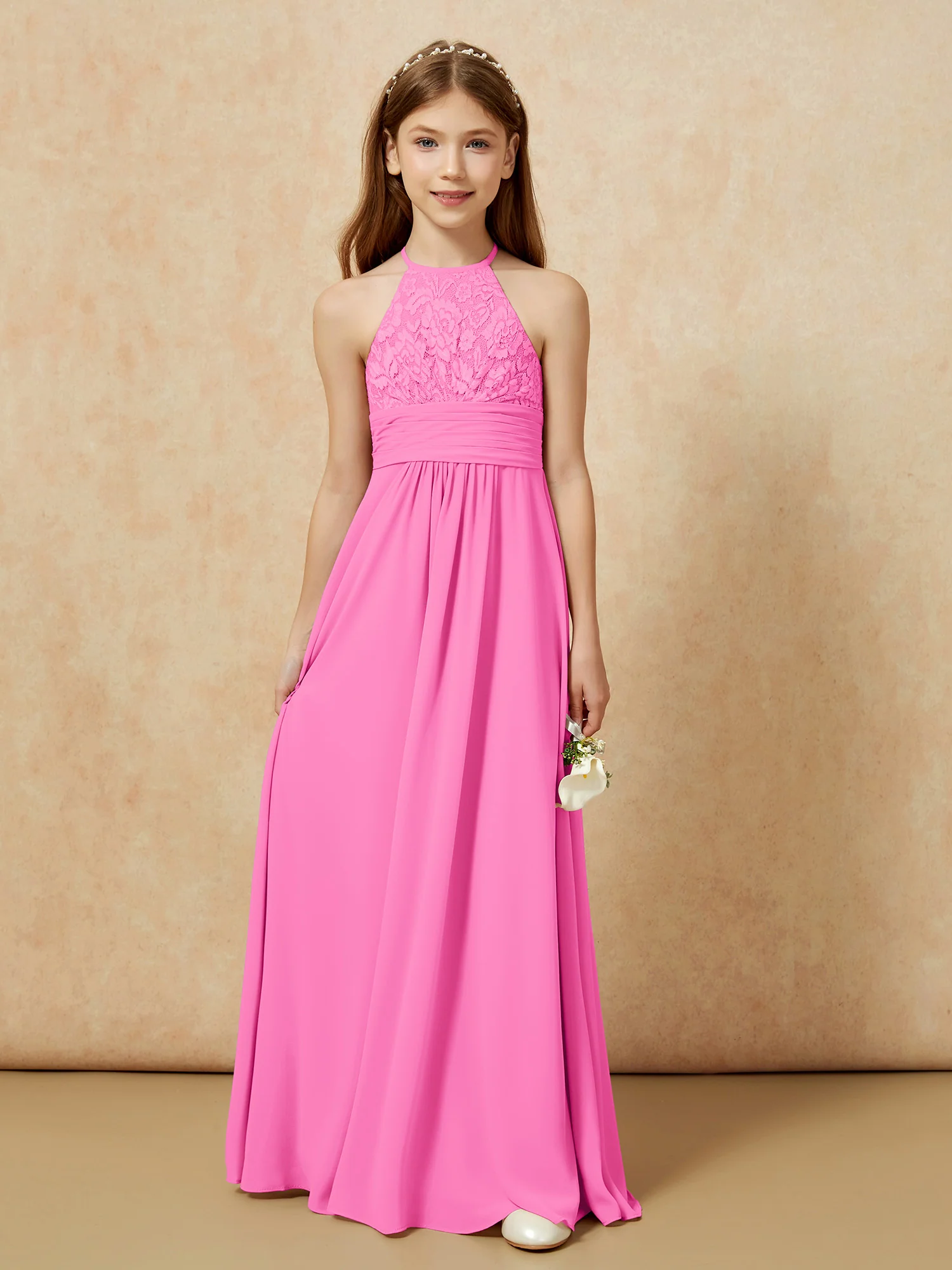 Halter Neck Lace Top Chiffon Junior Bridesmaid Dress Azalea - Image 7