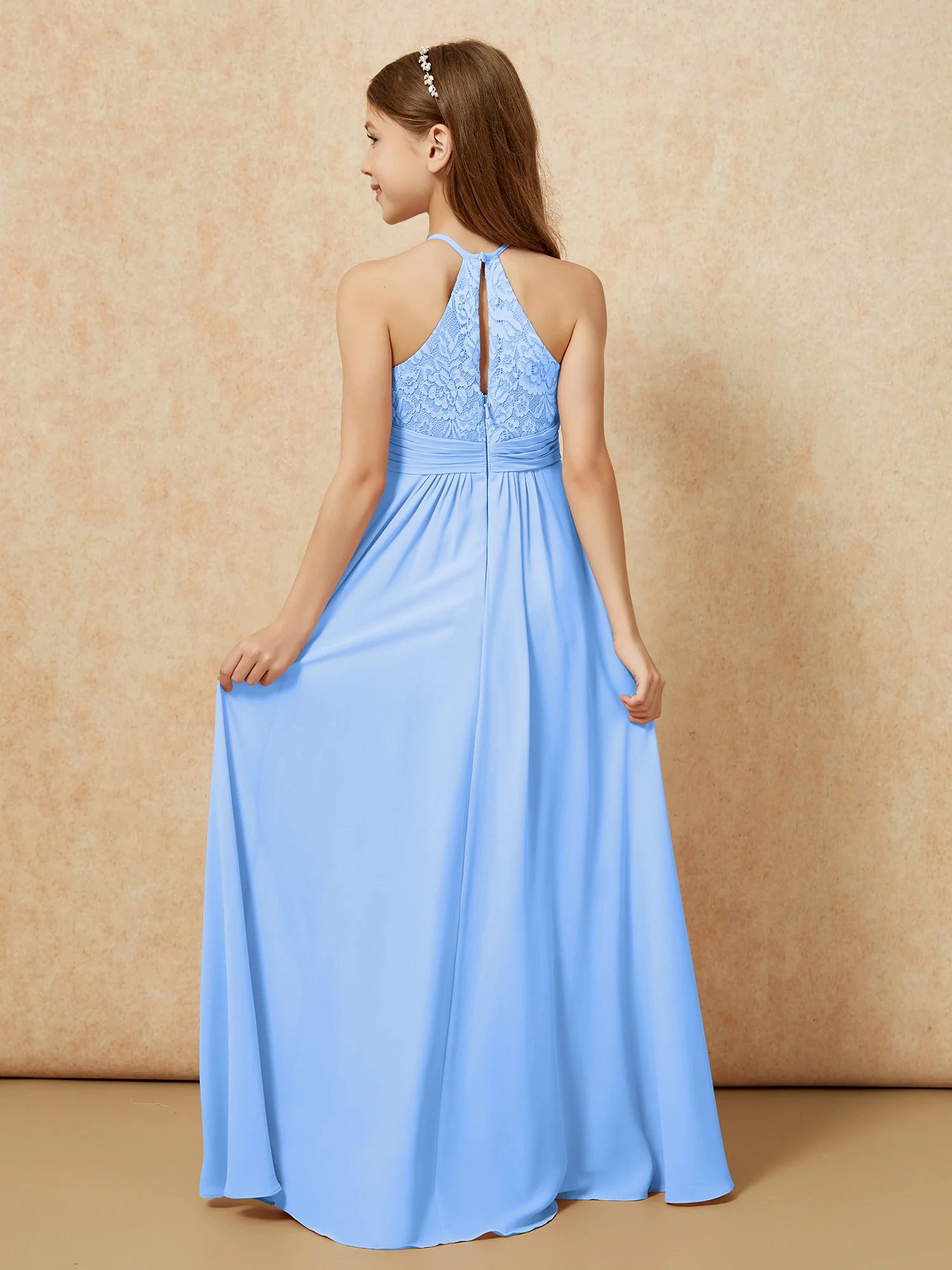 Halter Neck Lace Top Chiffon Junior Bridesmaid Dress Blue - Image 2