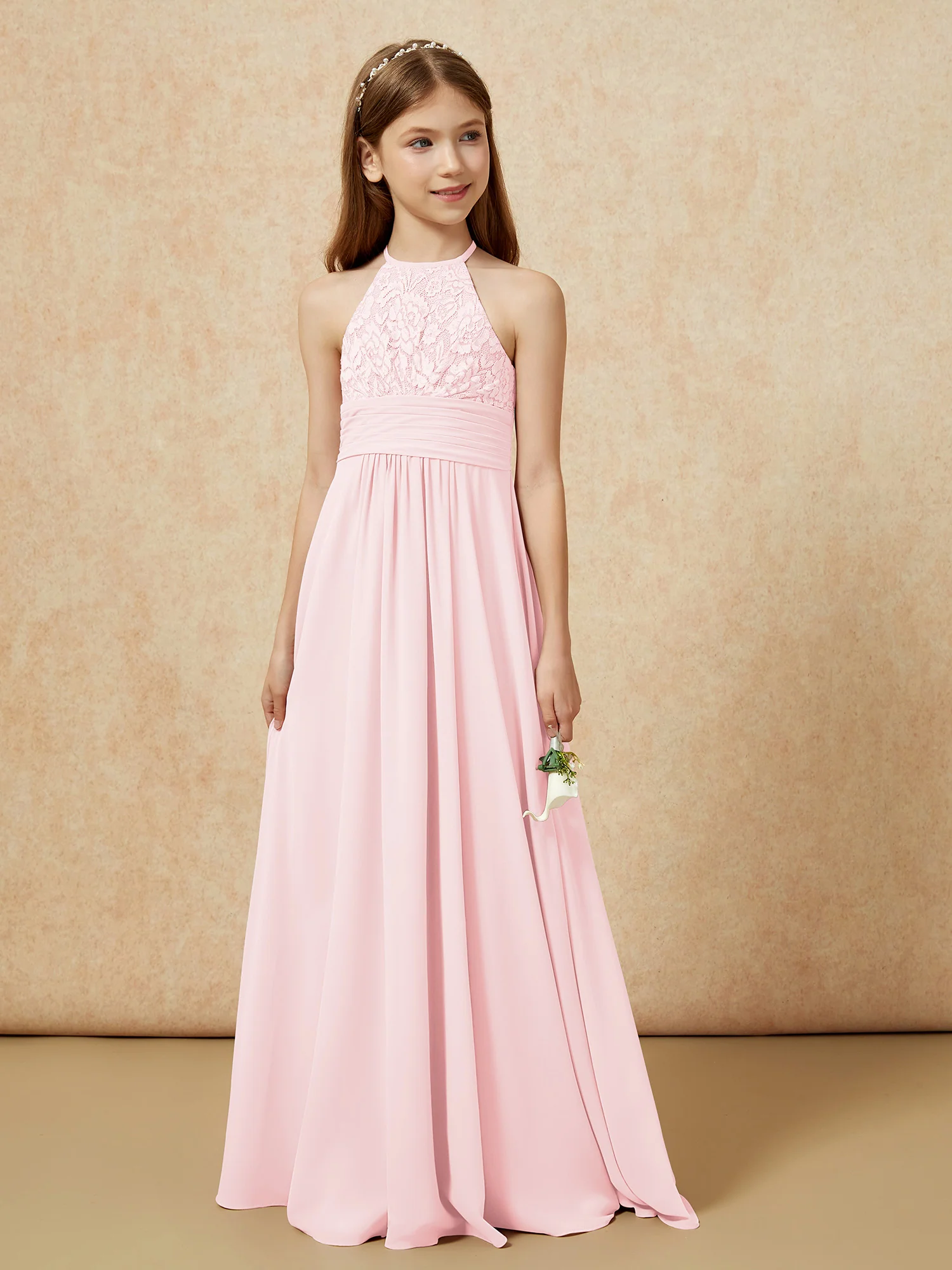 Halter Neck Lace Top Chiffon Junior Bridesmaid Dress Blushing Pink - Image 5