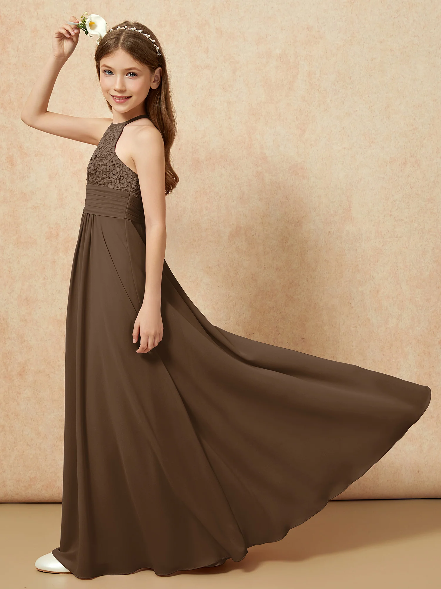 Halter Neck Lace Top Chiffon Junior Bridesmaid Dress Brown - Image 6