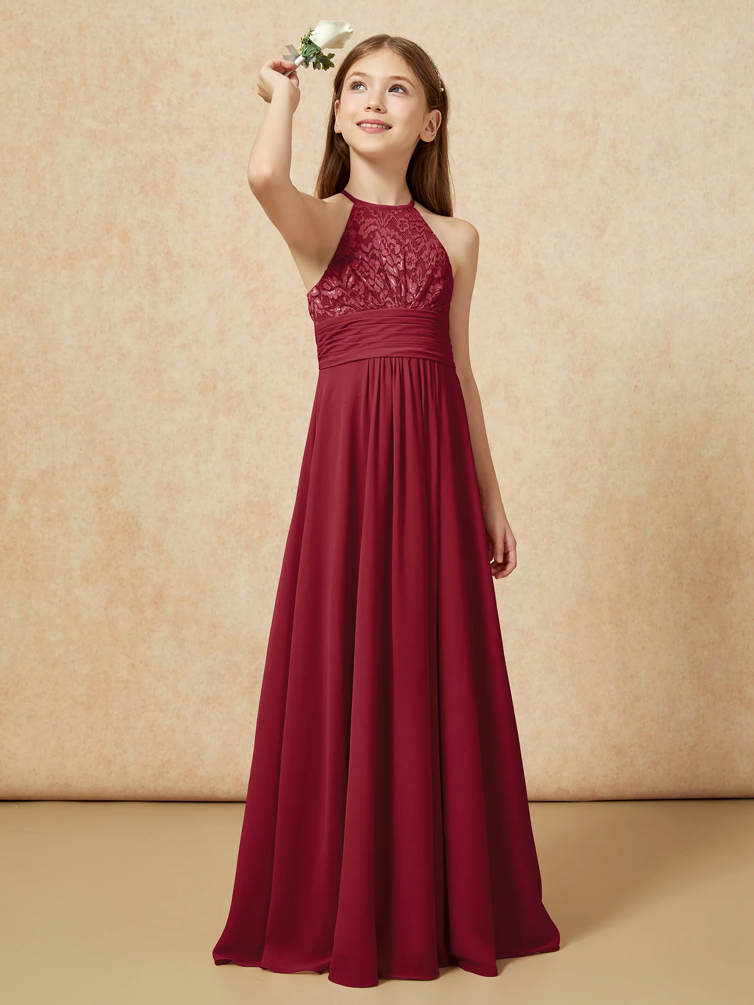 Halter Neck Lace Top Chiffon Junior Bridesmaid Dress Burgundy