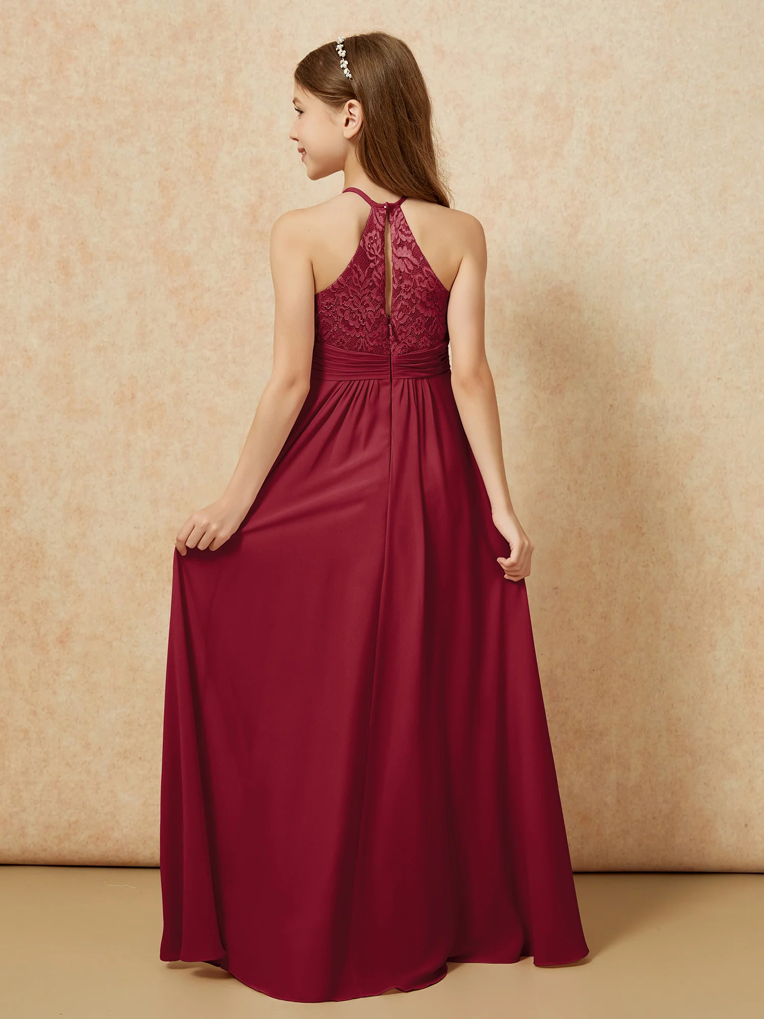 Halter Neck Lace Top Chiffon Junior Bridesmaid Dress Burgundy - Image 2