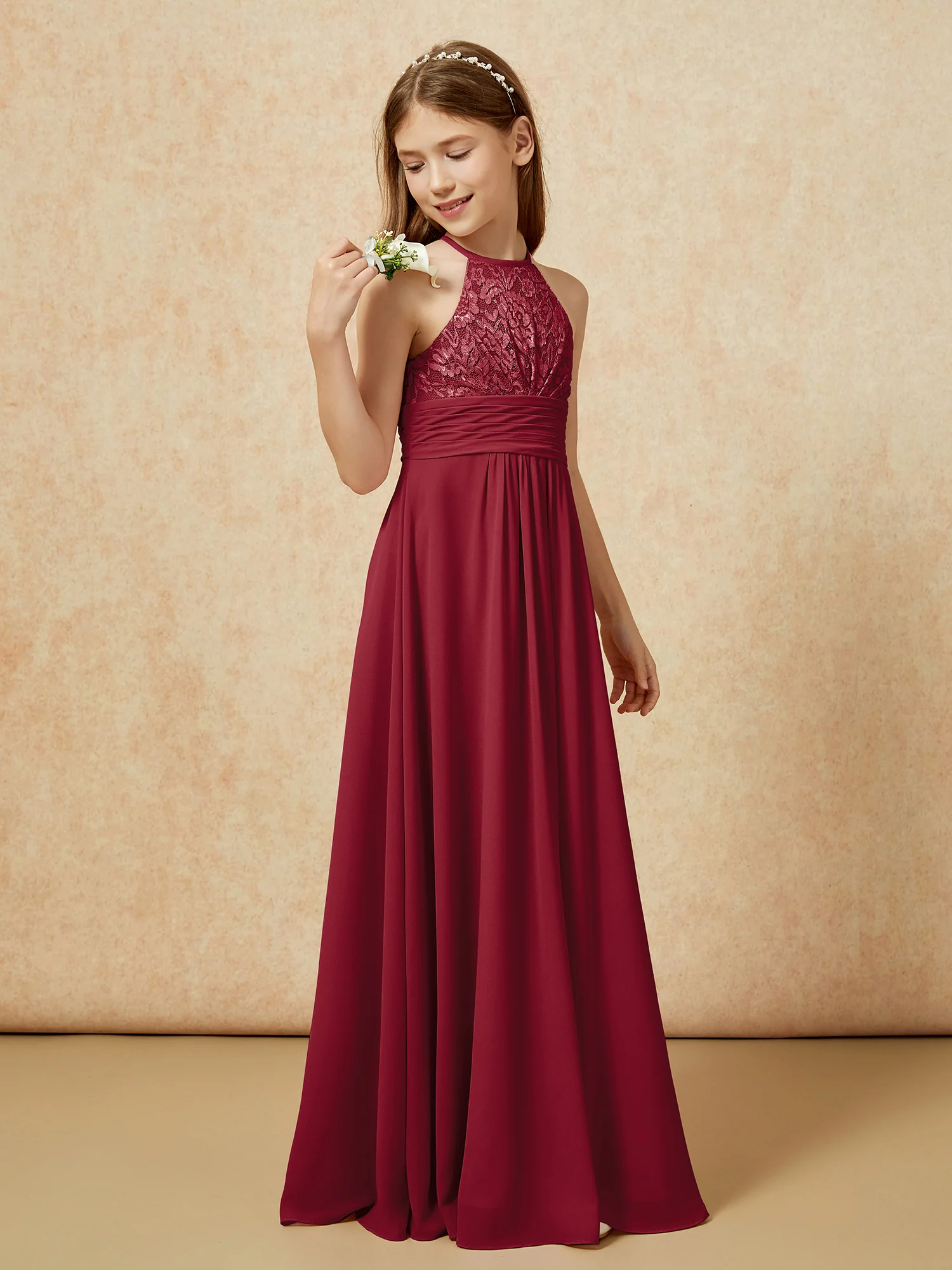 Halter Neck Lace Top Chiffon Junior Bridesmaid Dress Burgundy - Image 3