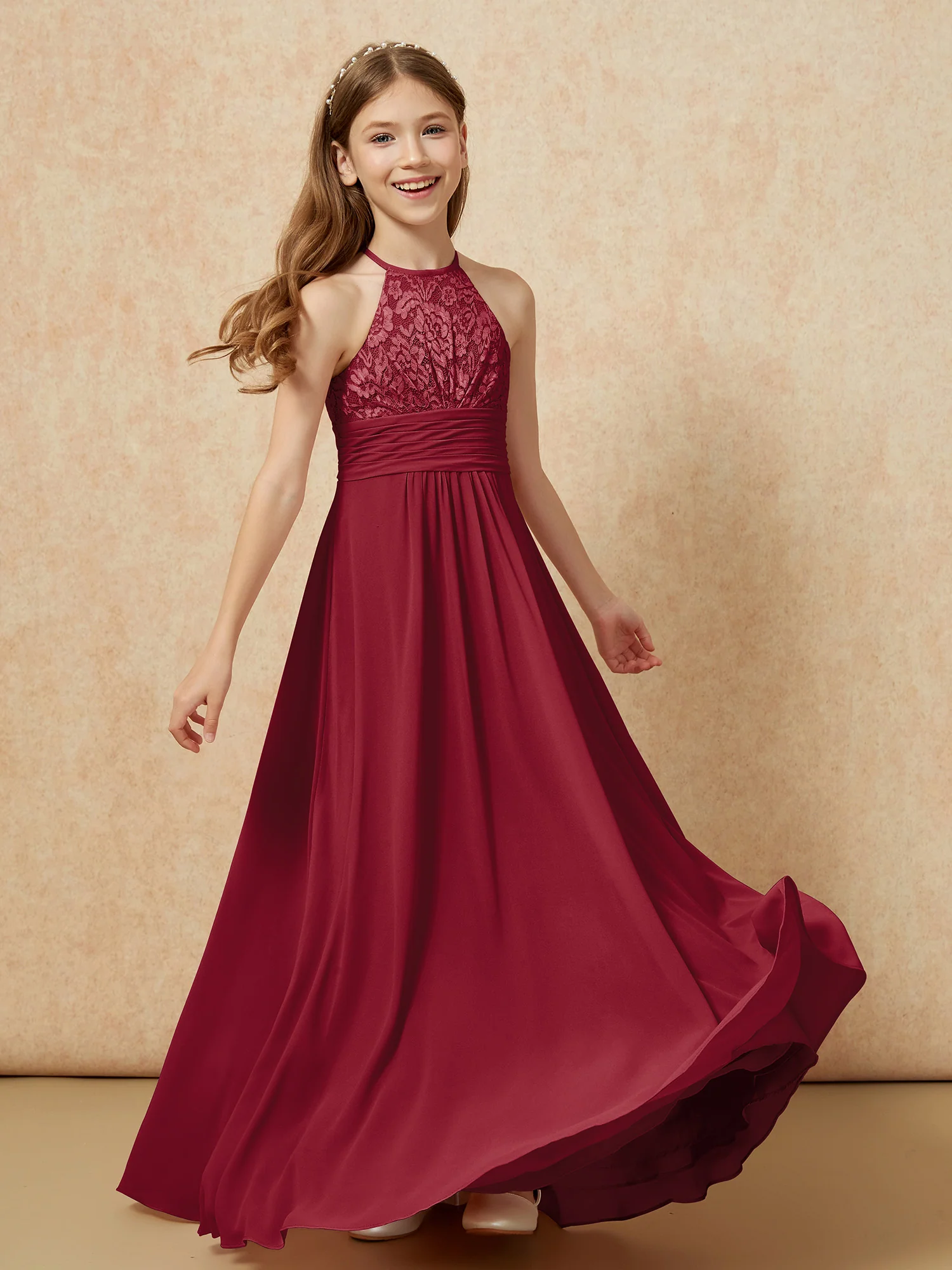 Halter Neck Lace Top Chiffon Junior Bridesmaid Dress Burgundy - Image 4