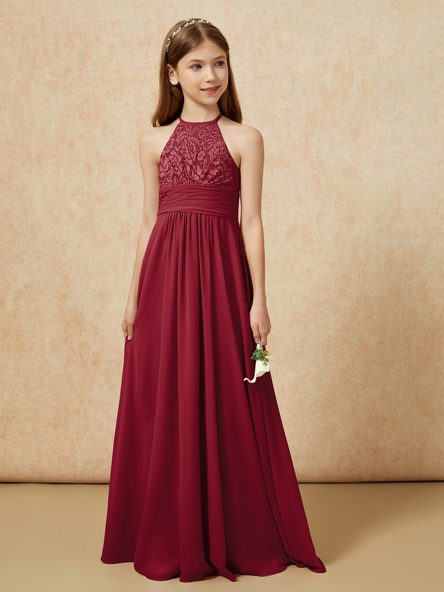Halter Neck Lace Top Chiffon Junior Bridesmaid Dress Burgundy - Image 5