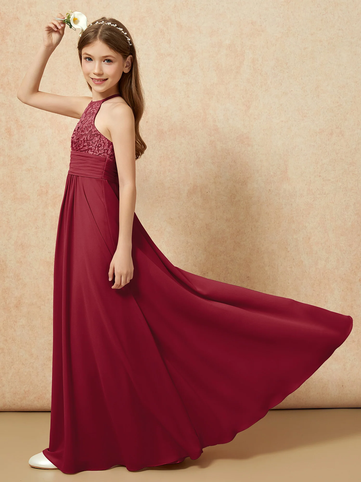 Halter Neck Lace Top Chiffon Junior Bridesmaid Dress Burgundy - Image 6