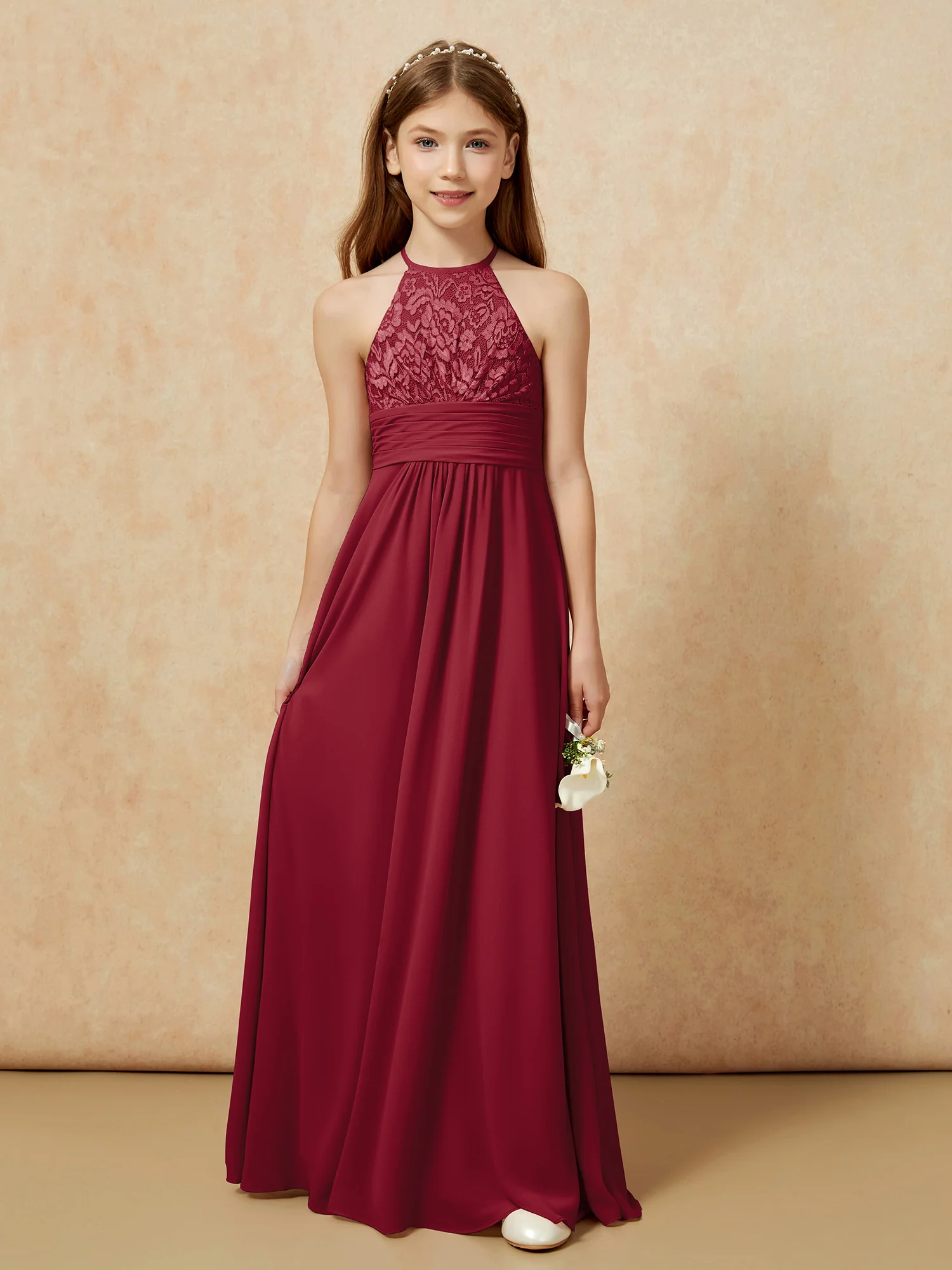 Halter Neck Lace Top Chiffon Junior Bridesmaid Dress Burgundy - Image 7