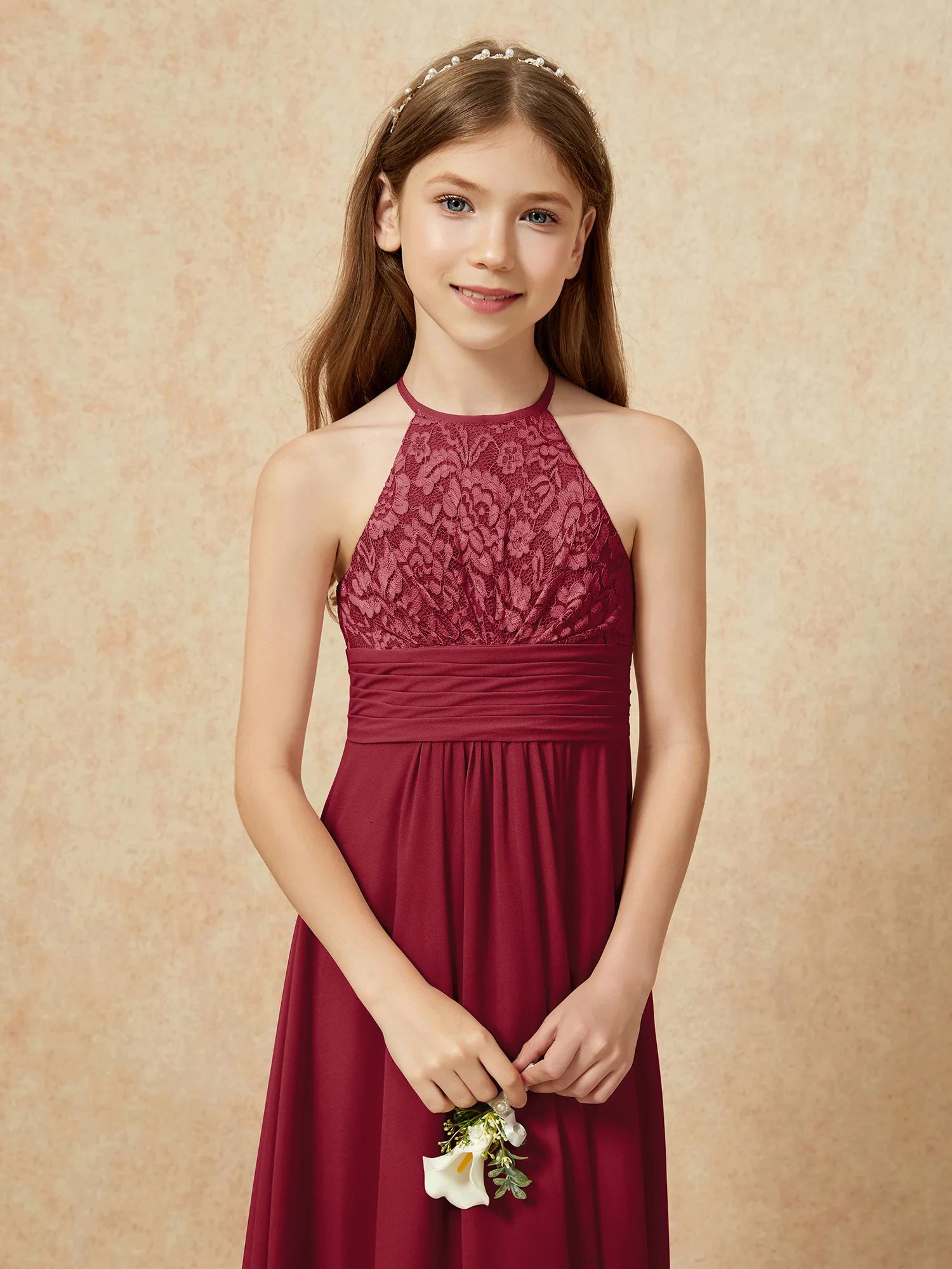 Halter Neck Lace Top Chiffon Junior Bridesmaid Dress Burgundy - Image 8