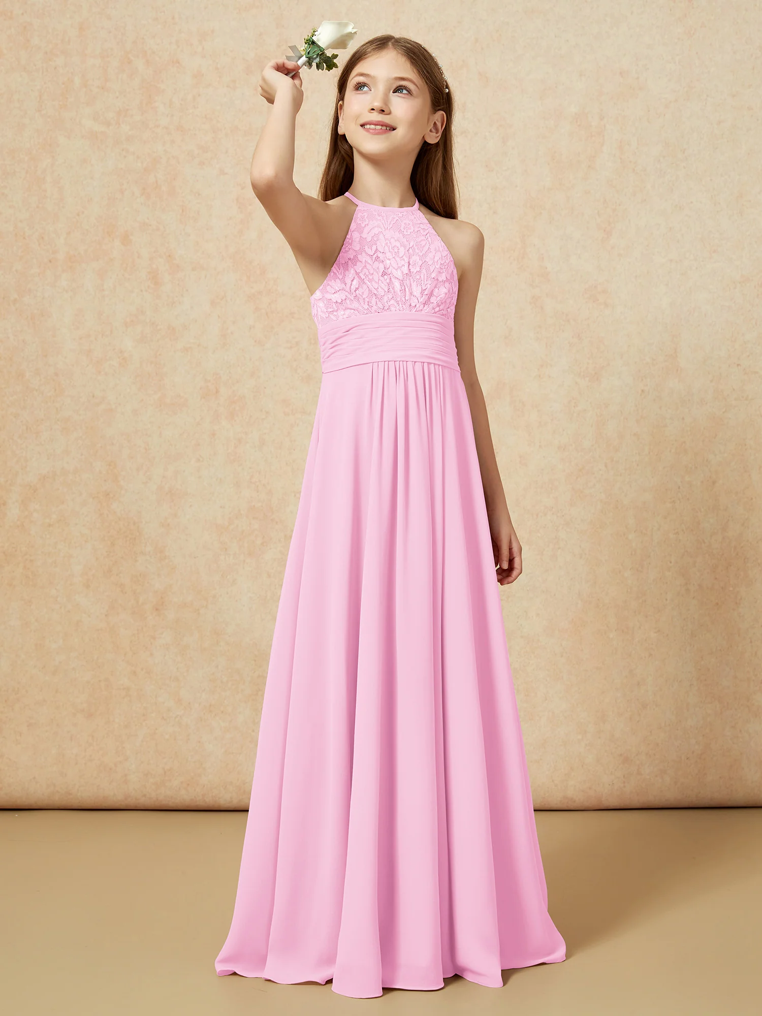 Halter Neck Lace Top Chiffon Junior Bridesmaid Dress Candy Pink
