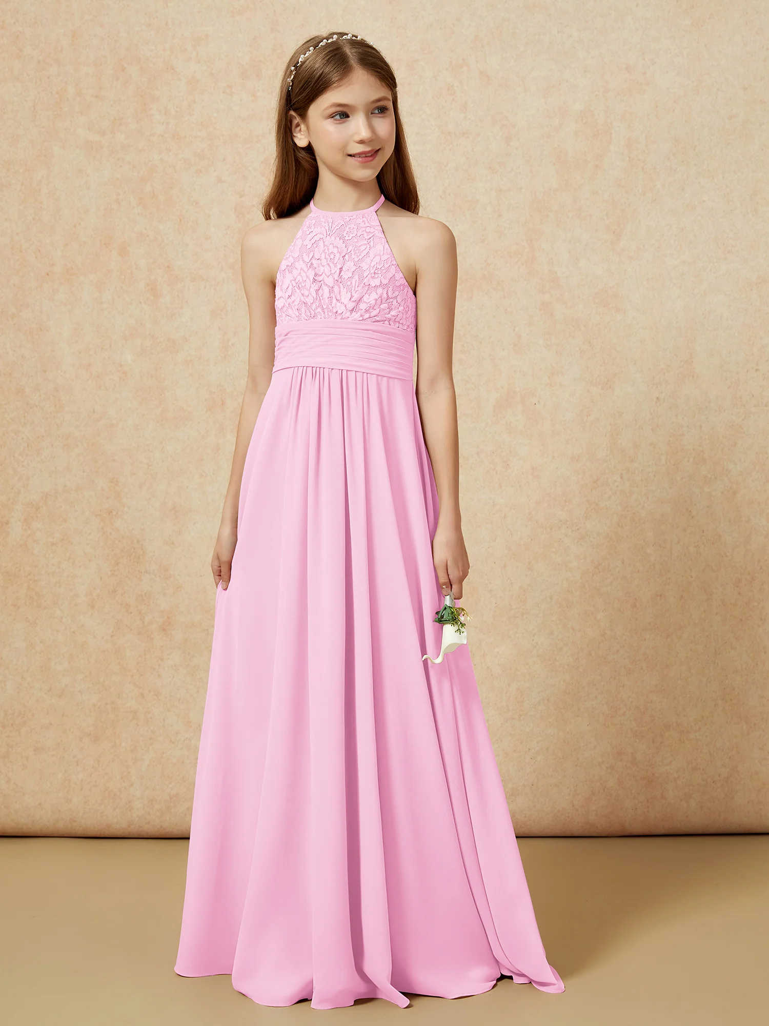 Halter Neck Lace Top Chiffon Junior Bridesmaid Dress Candy Pink - Image 5