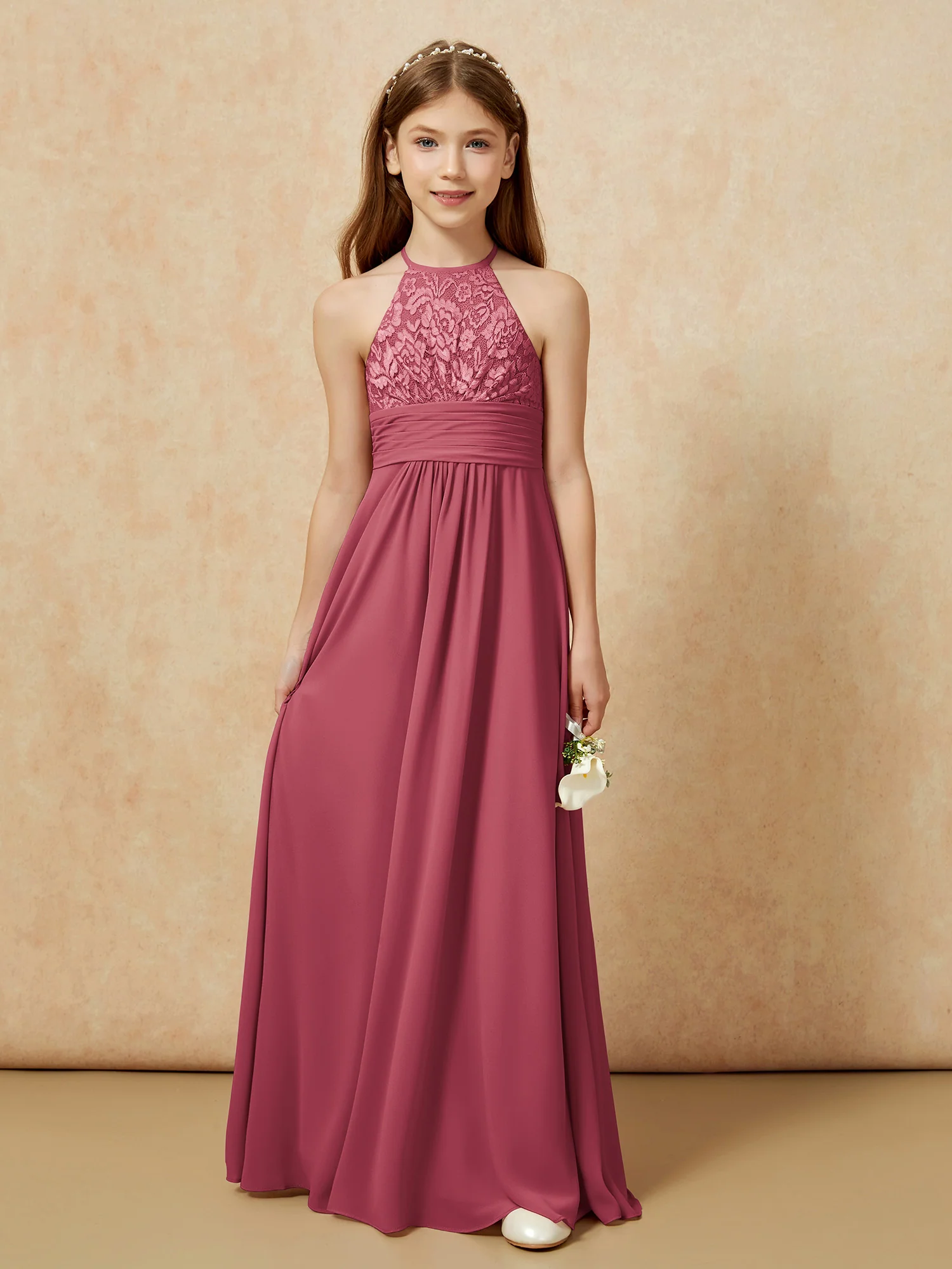 Halter Neck Lace Top Chiffon Junior Bridesmaid Dress Cinnamon Rose - Image 7