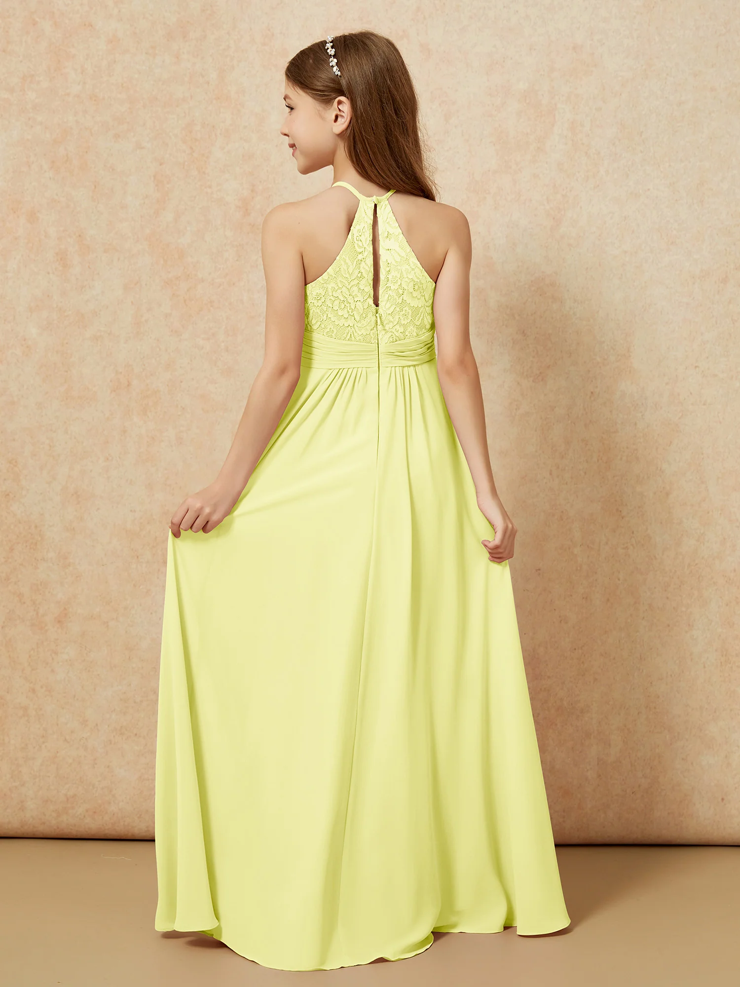 Halter Neck Lace Top Chiffon Junior Bridesmaid Dress Daffodil - Image 2