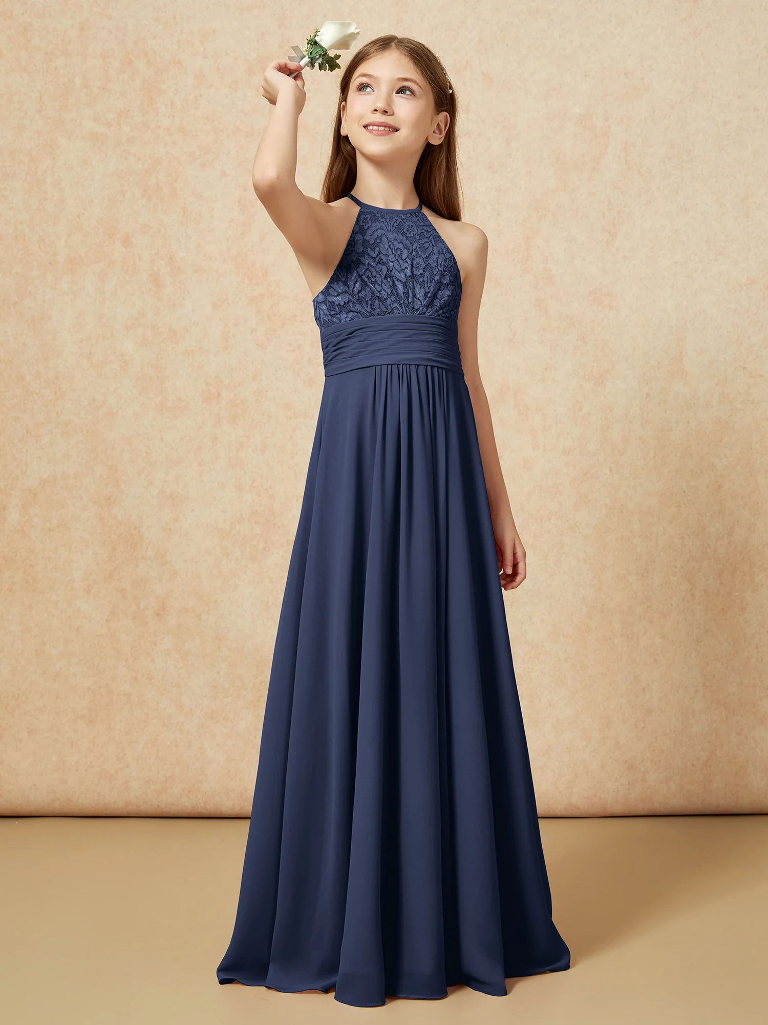 Halter Neck Lace Top Chiffon Junior Bridesmaid Dress Dark Navy