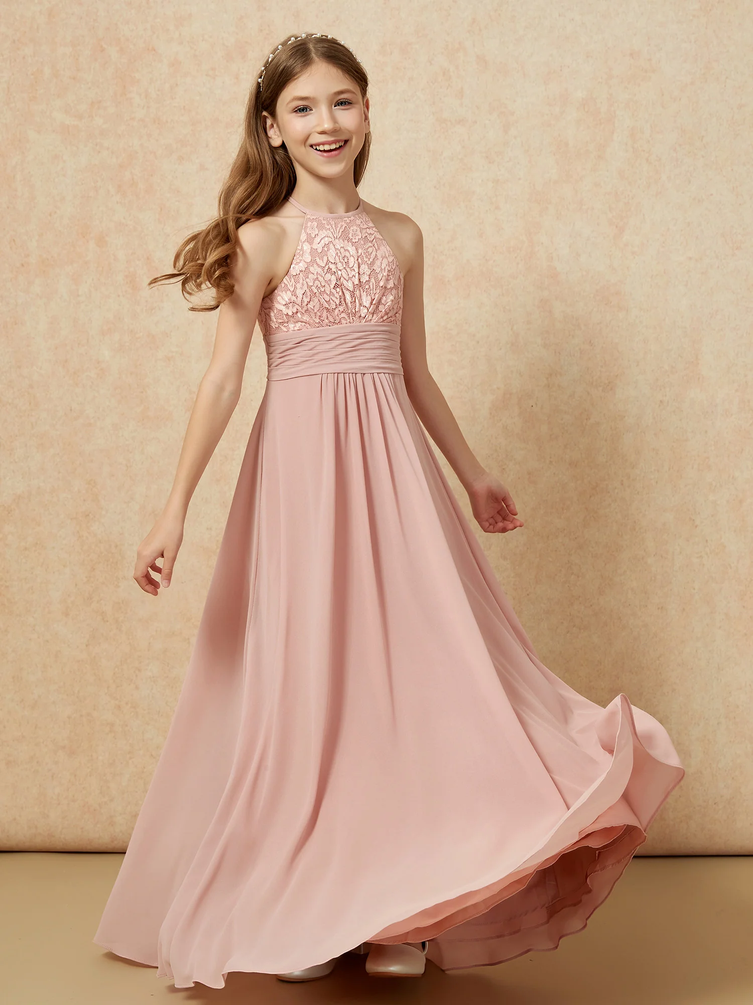 Halter Neck Lace Top Chiffon Junior Bridesmaid Dress Dusty Rose - Image 4