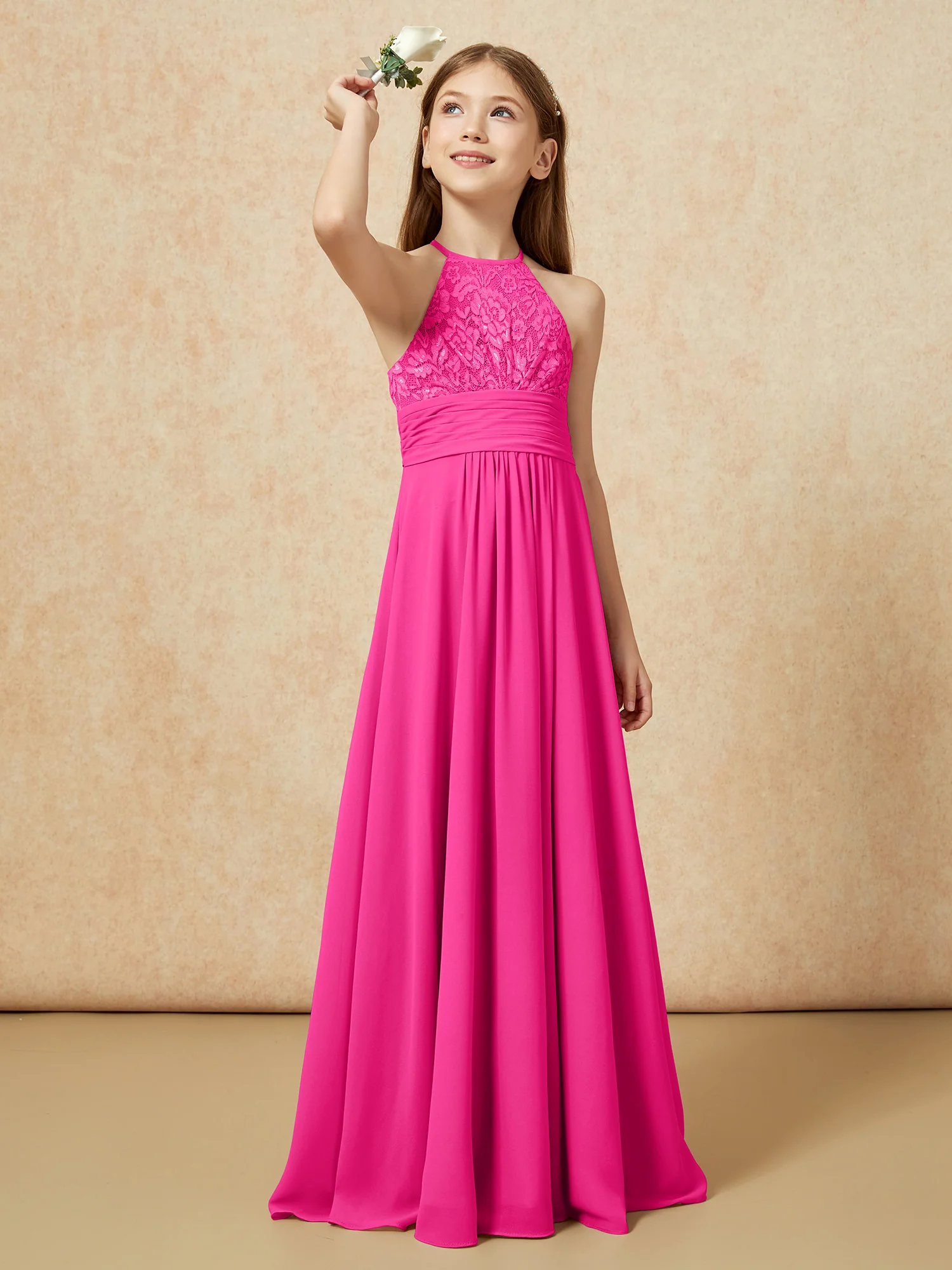 Halter Neck Lace Top Chiffon Junior Bridesmaid Dress Fuchsia