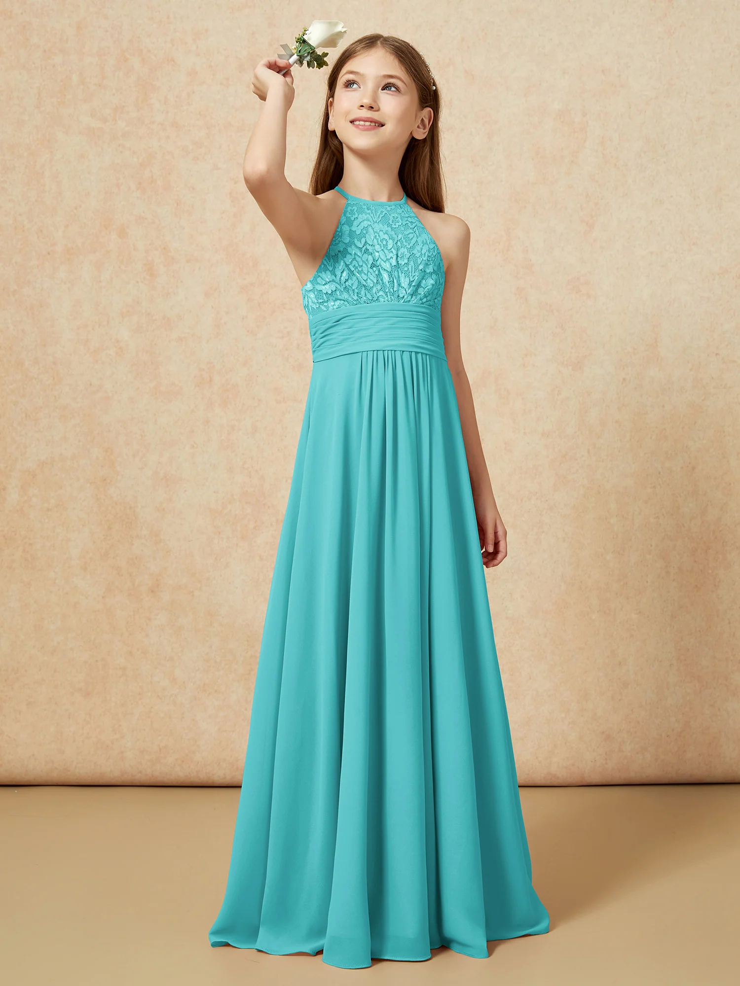Halter Neck Lace Top Chiffon Junior Bridesmaid Dress Jade