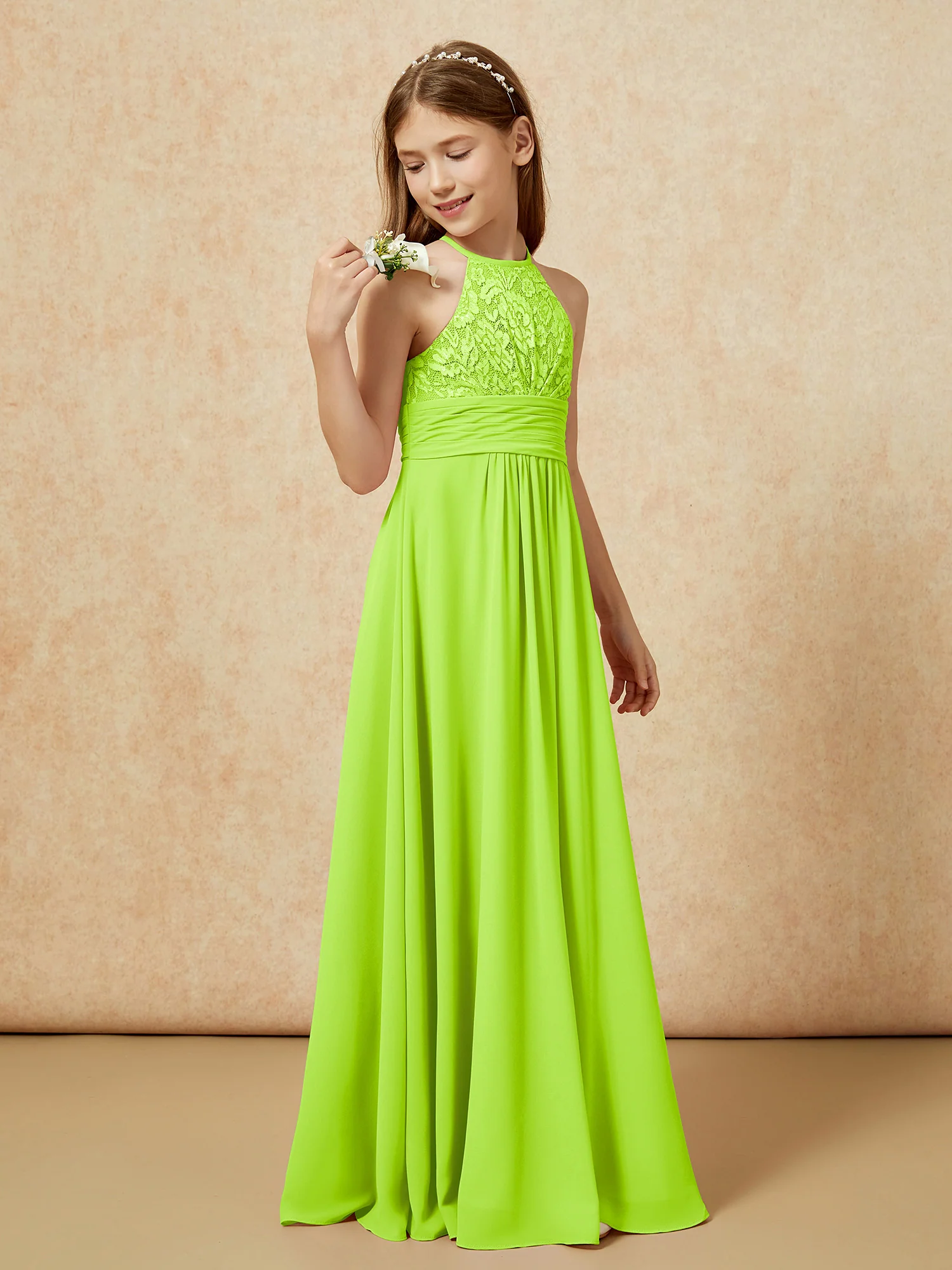 Halter Neck Lace Top Chiffon Junior Bridesmaid Dress Lime Green - Image 3