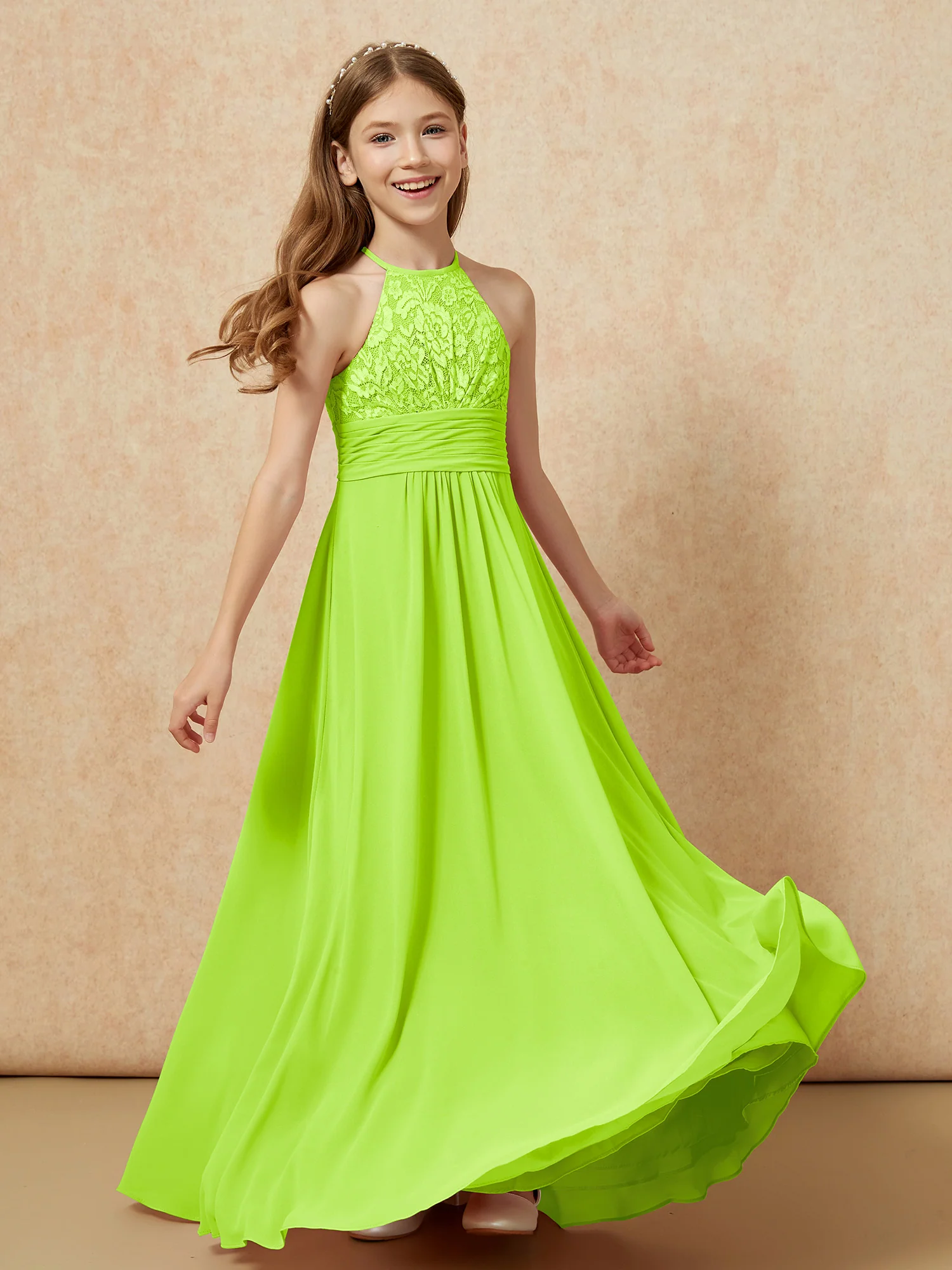 Halter Neck Lace Top Chiffon Junior Bridesmaid Dress Lime Green - Image 4