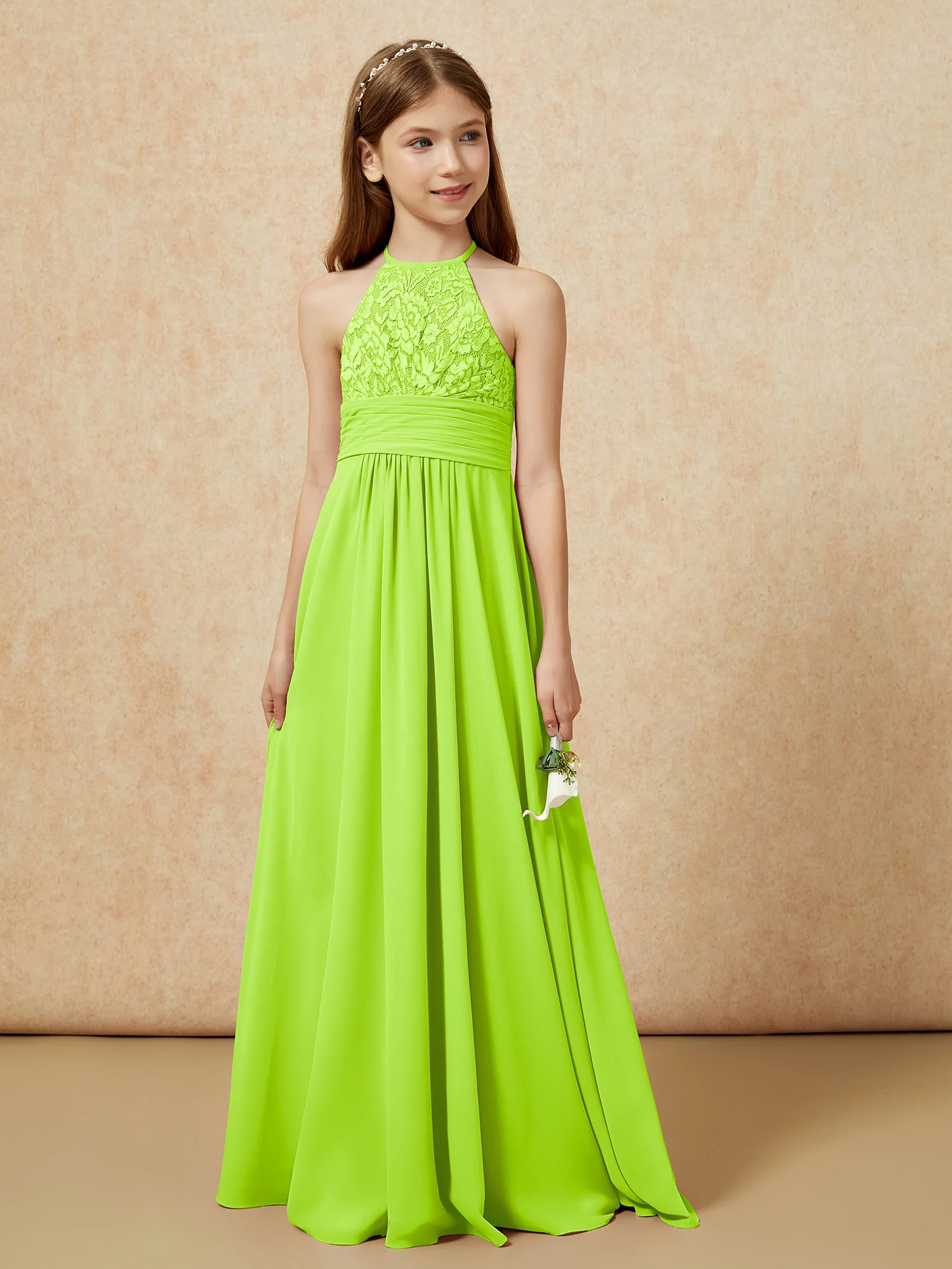 Halter Neck Lace Top Chiffon Junior Bridesmaid Dress Lime Green - Image 5