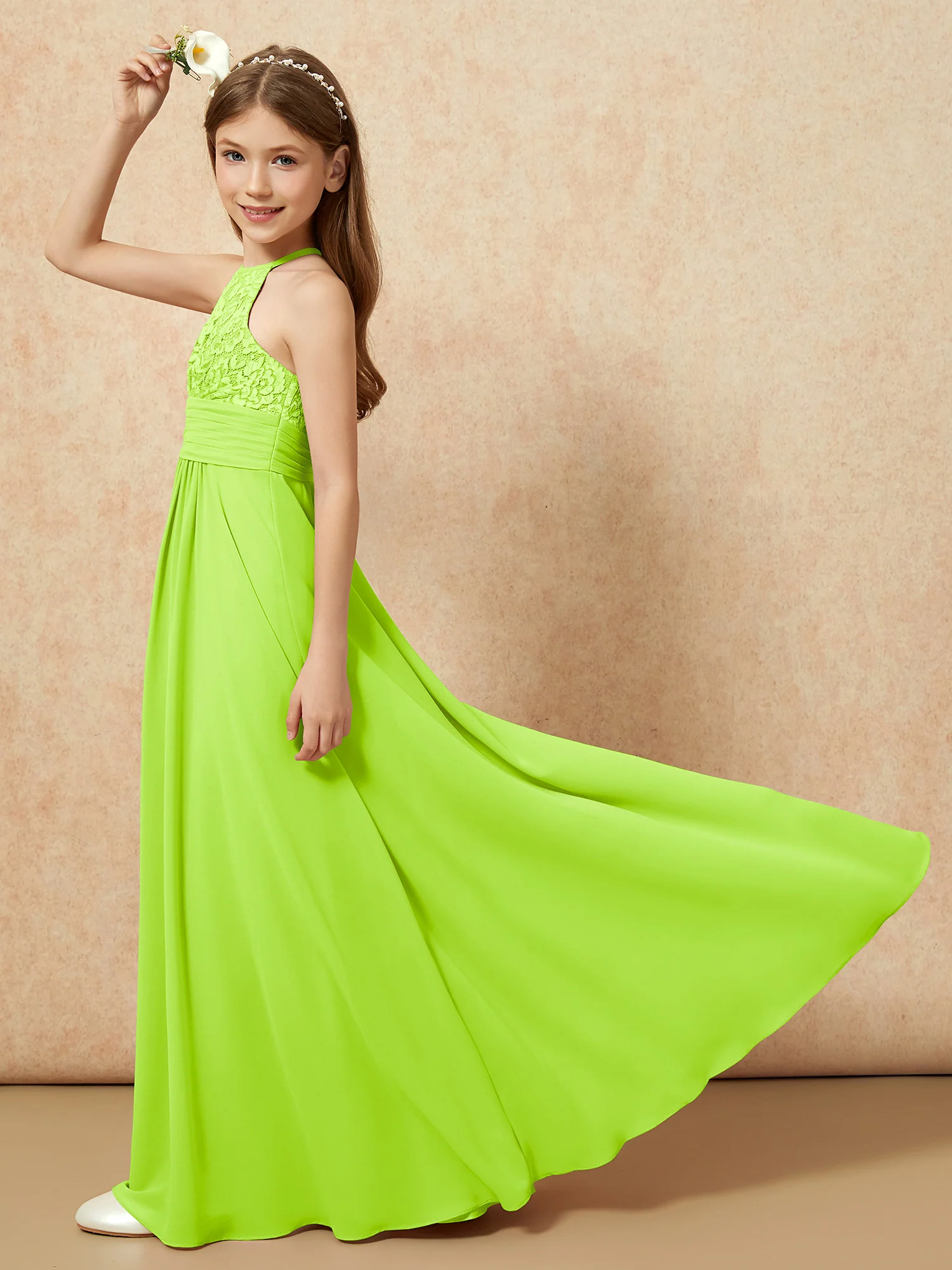 Halter Neck Lace Top Chiffon Junior Bridesmaid Dress Lime Green - Image 6