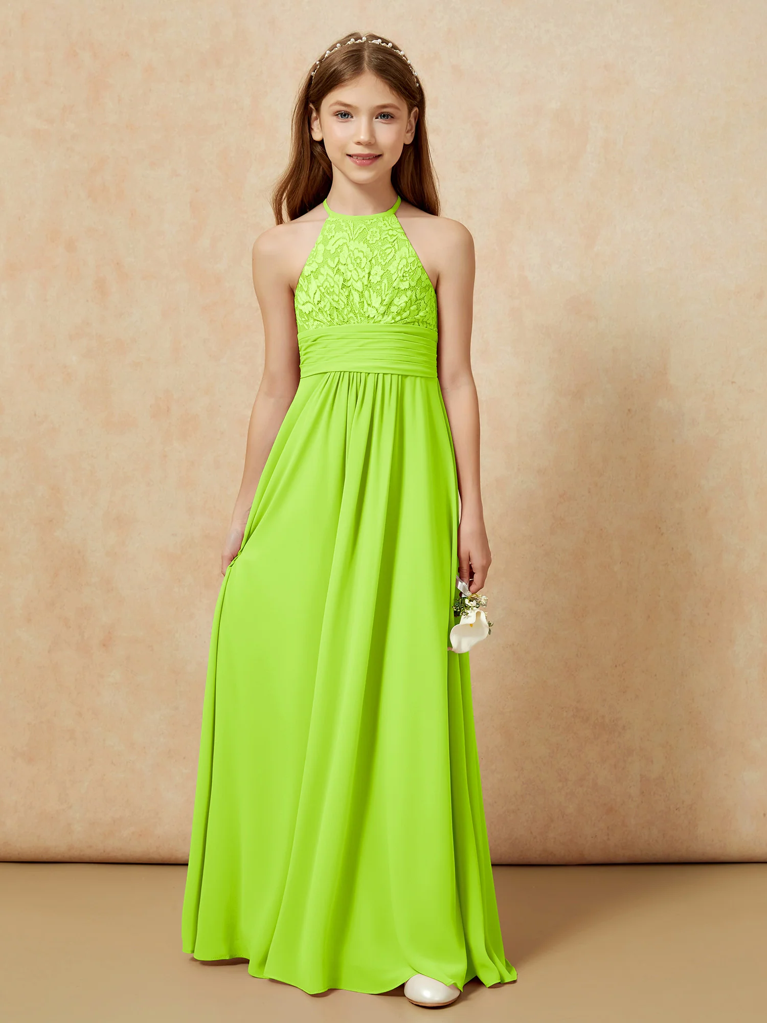 Halter Neck Lace Top Chiffon Junior Bridesmaid Dress Lime Green - Image 7