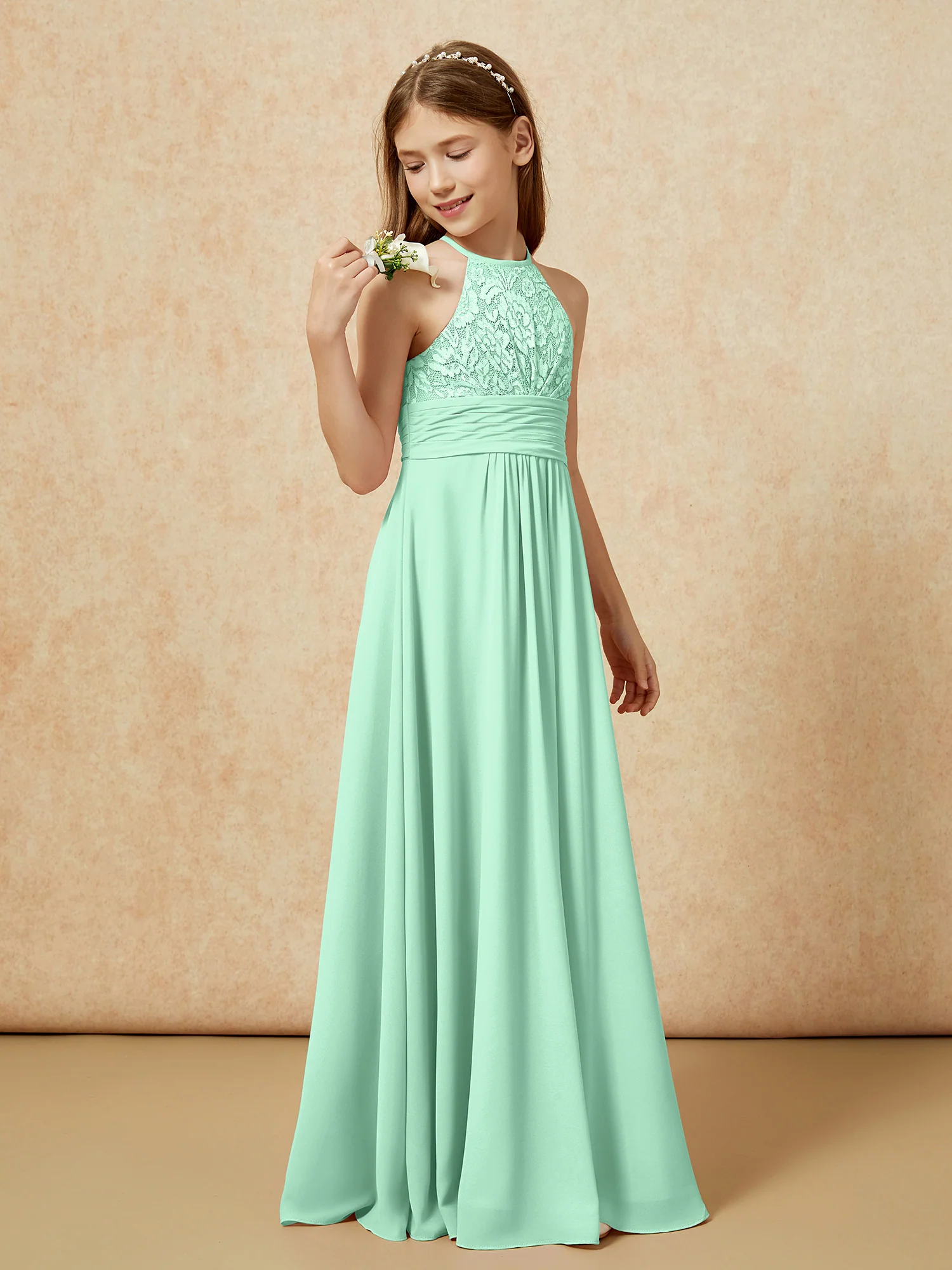 Halter Neck Lace Top Chiffon Junior Bridesmaid Dress Mint Green - Image 3
