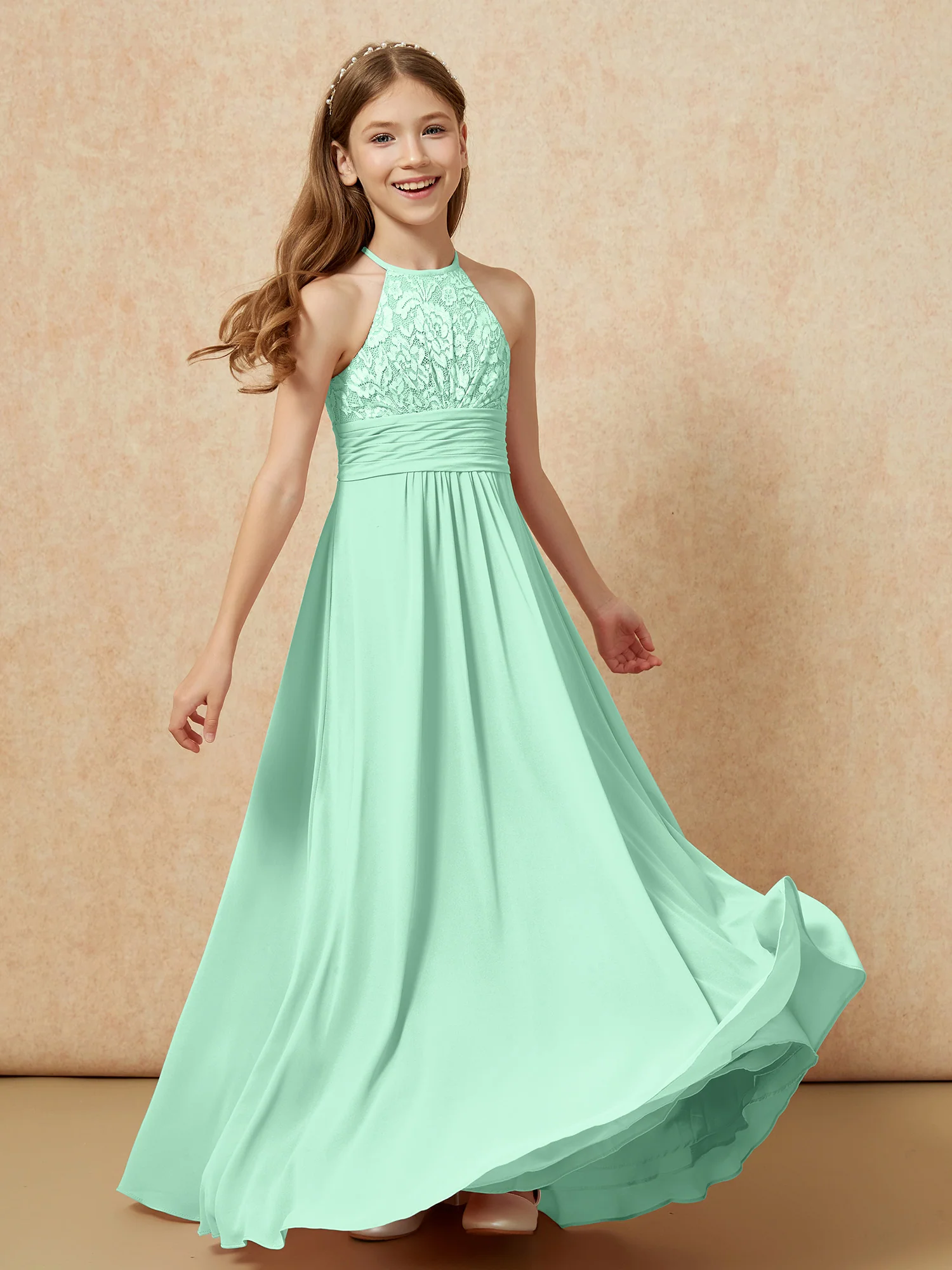 Halter Neck Lace Top Chiffon Junior Bridesmaid Dress Mint Green - Image 4