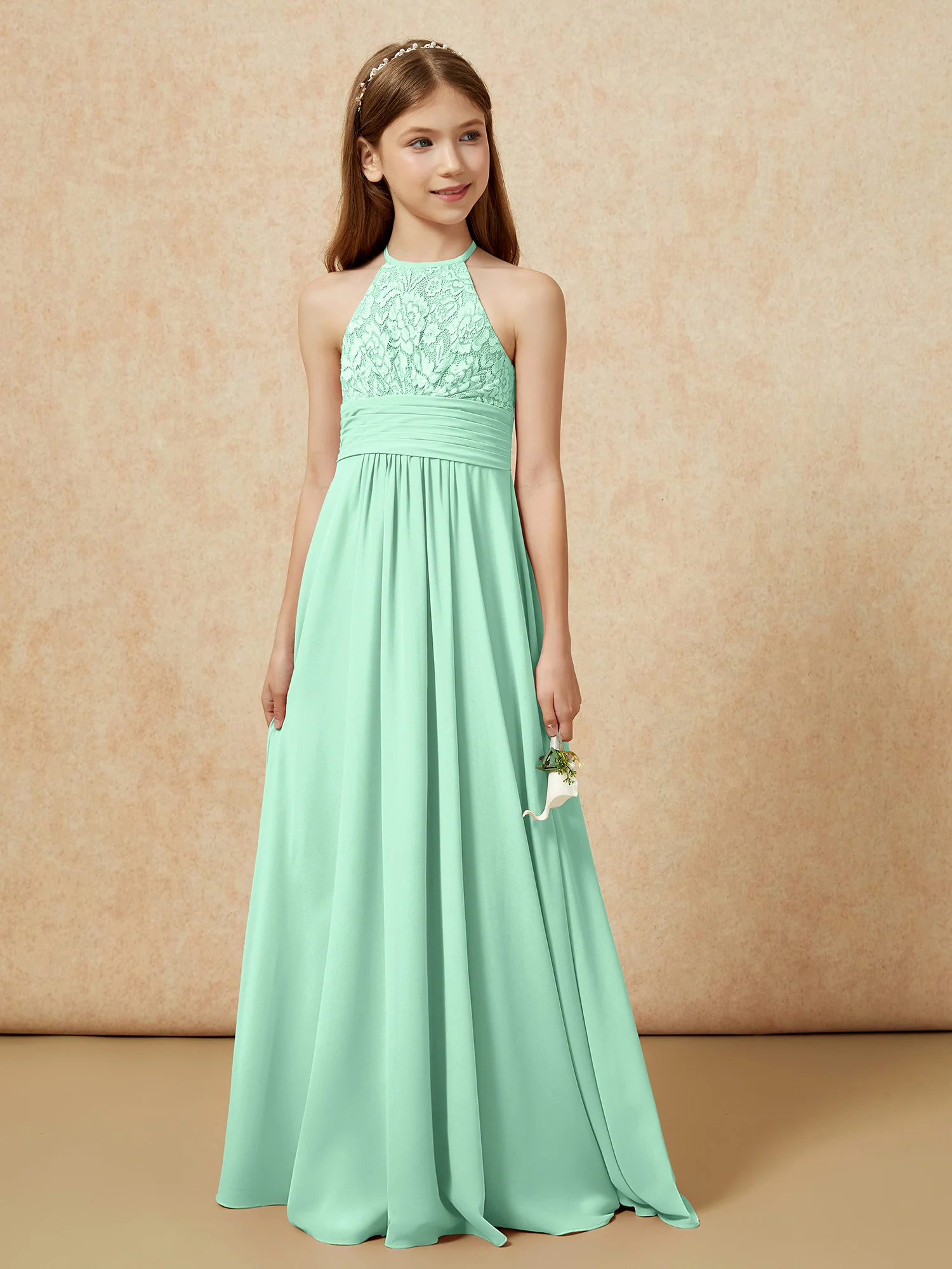 Halter Neck Lace Top Chiffon Junior Bridesmaid Dress Mint Green - Image 5