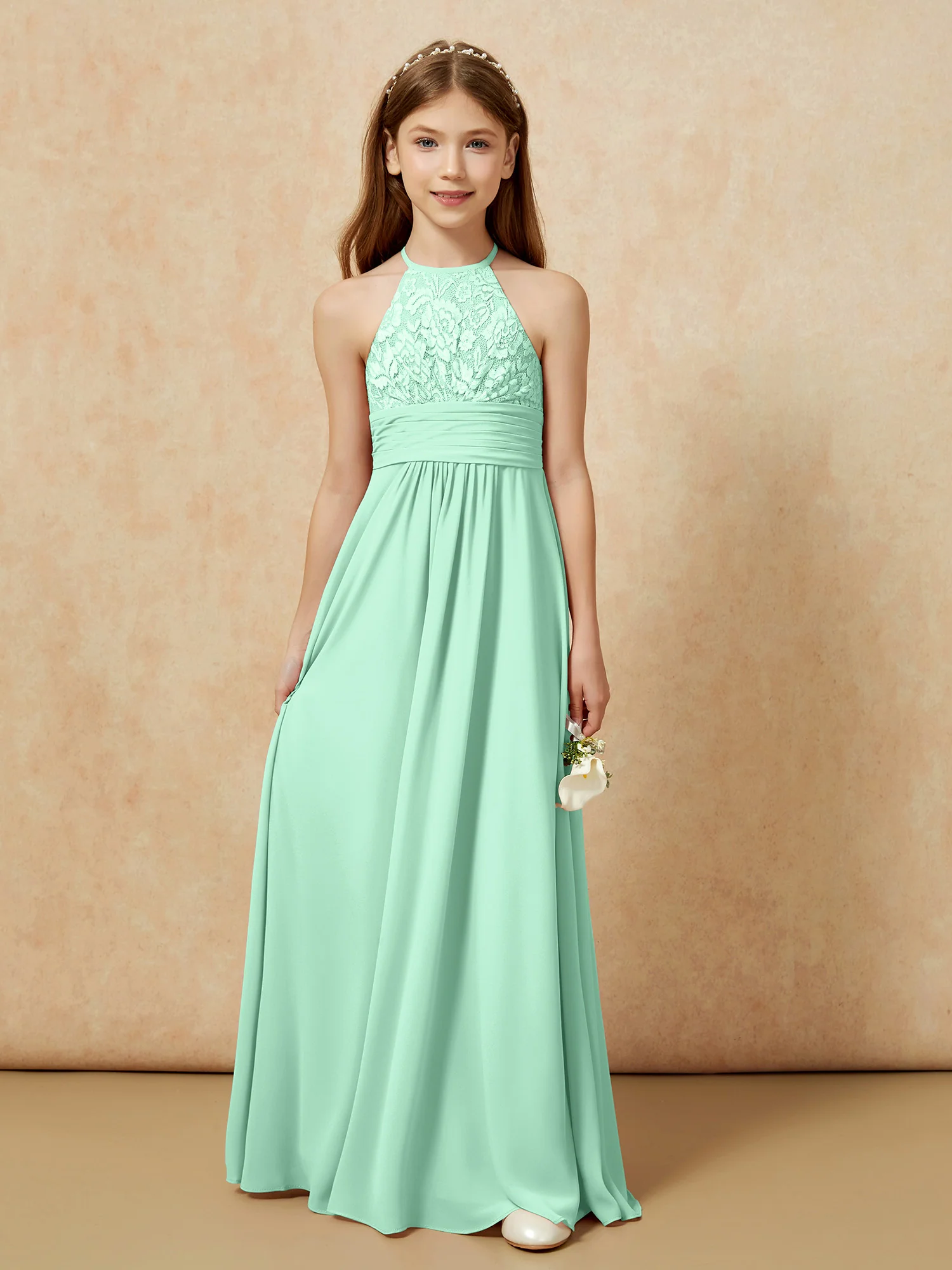 Halter Neck Lace Top Chiffon Junior Bridesmaid Dress Mint Green - Image 7