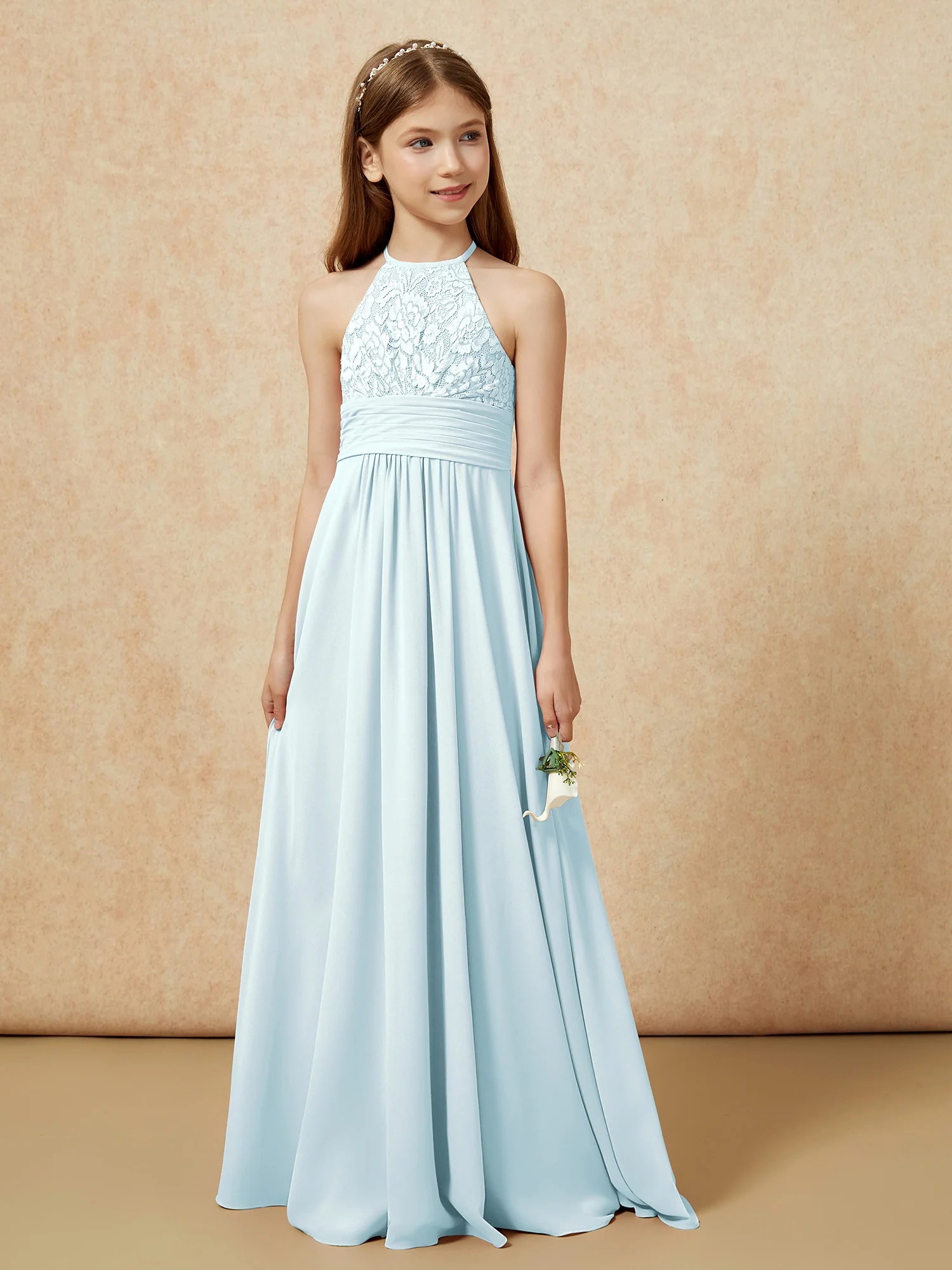 Halter Neck Lace Top Chiffon Junior Bridesmaid Dress Mist - Image 5