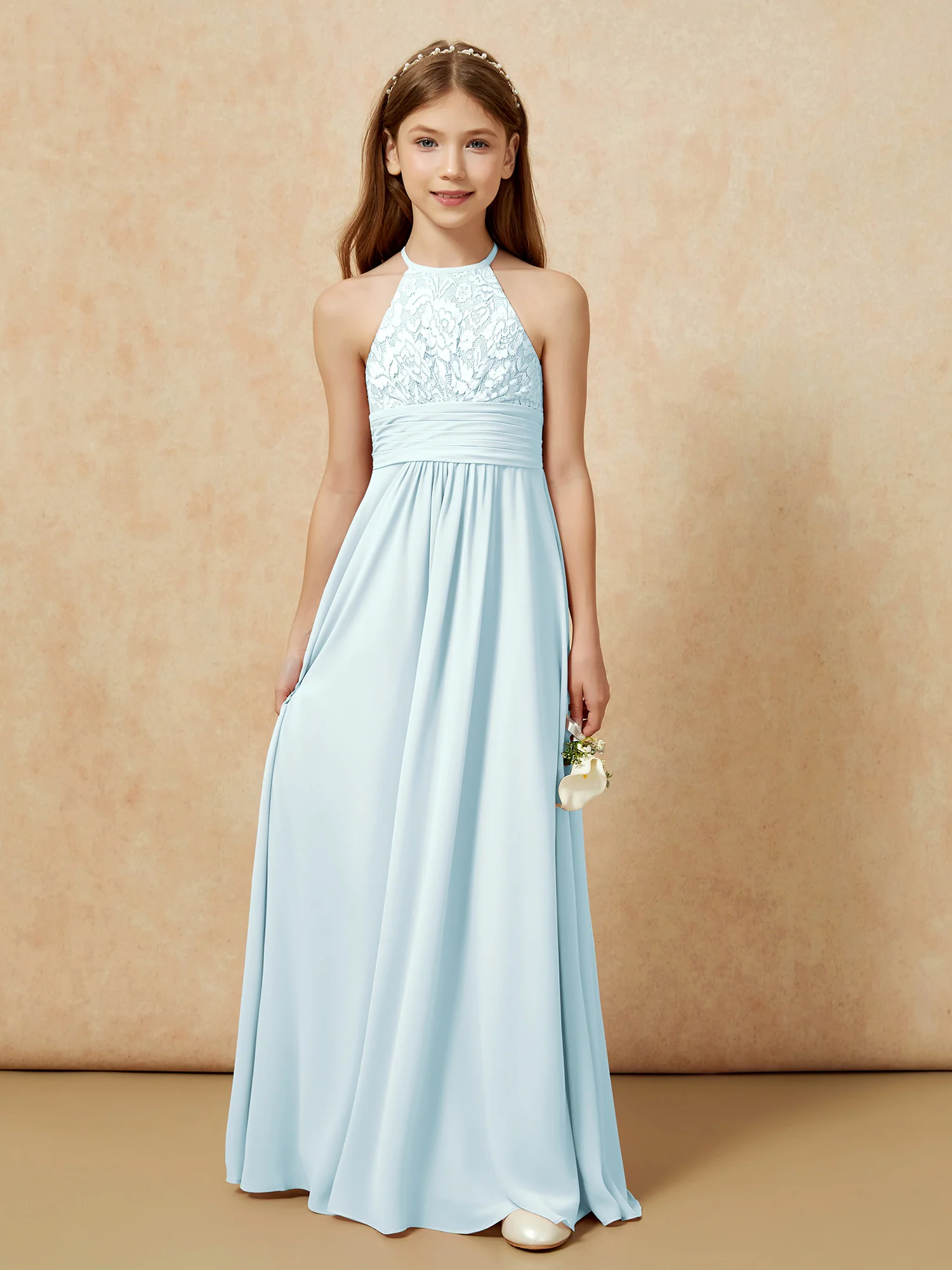 Halter Neck Lace Top Chiffon Junior Bridesmaid Dress Mist - Image 7