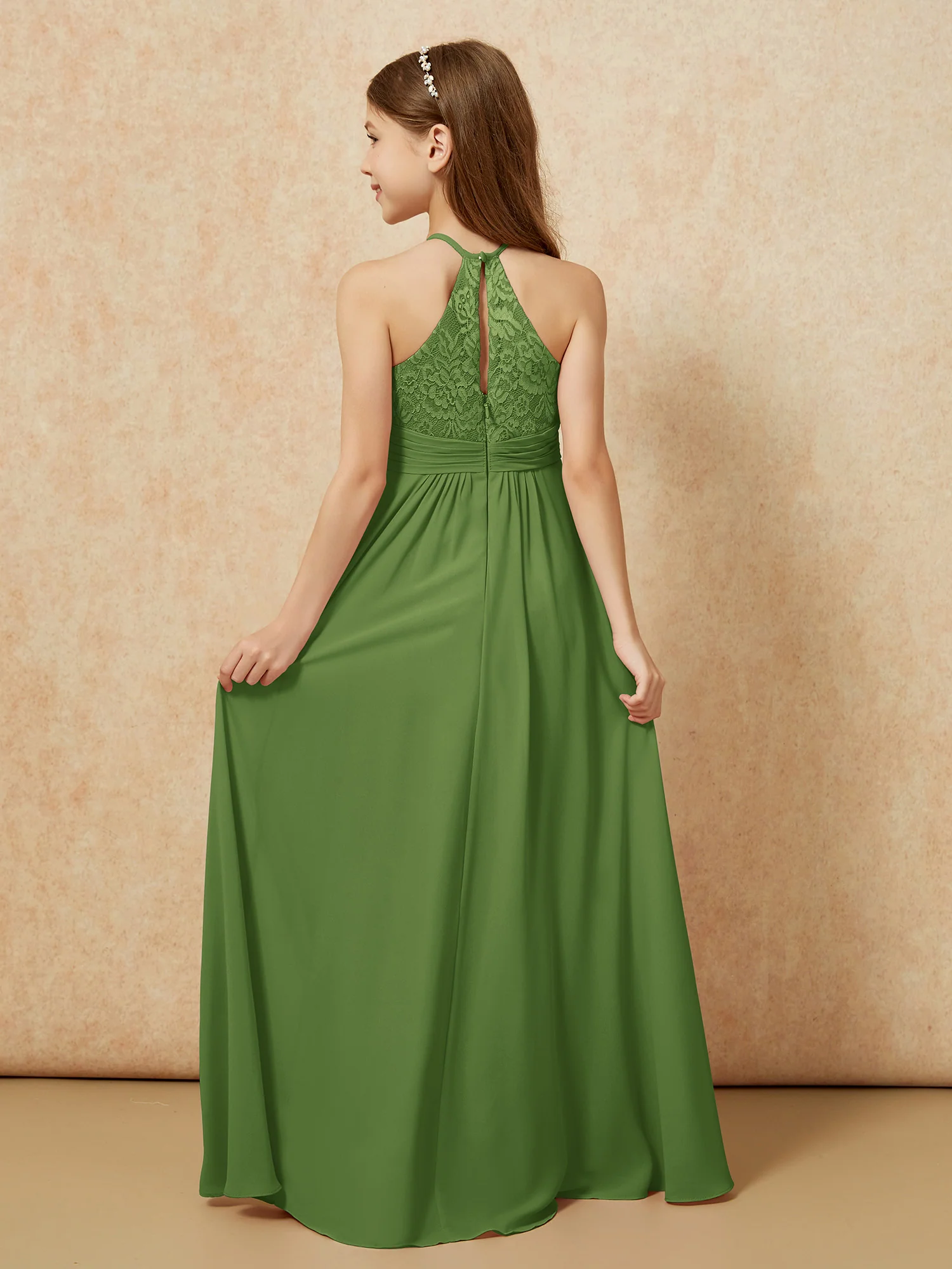 Halter Neck Lace Top Chiffon Junior Bridesmaid Dress Moss - Image 2