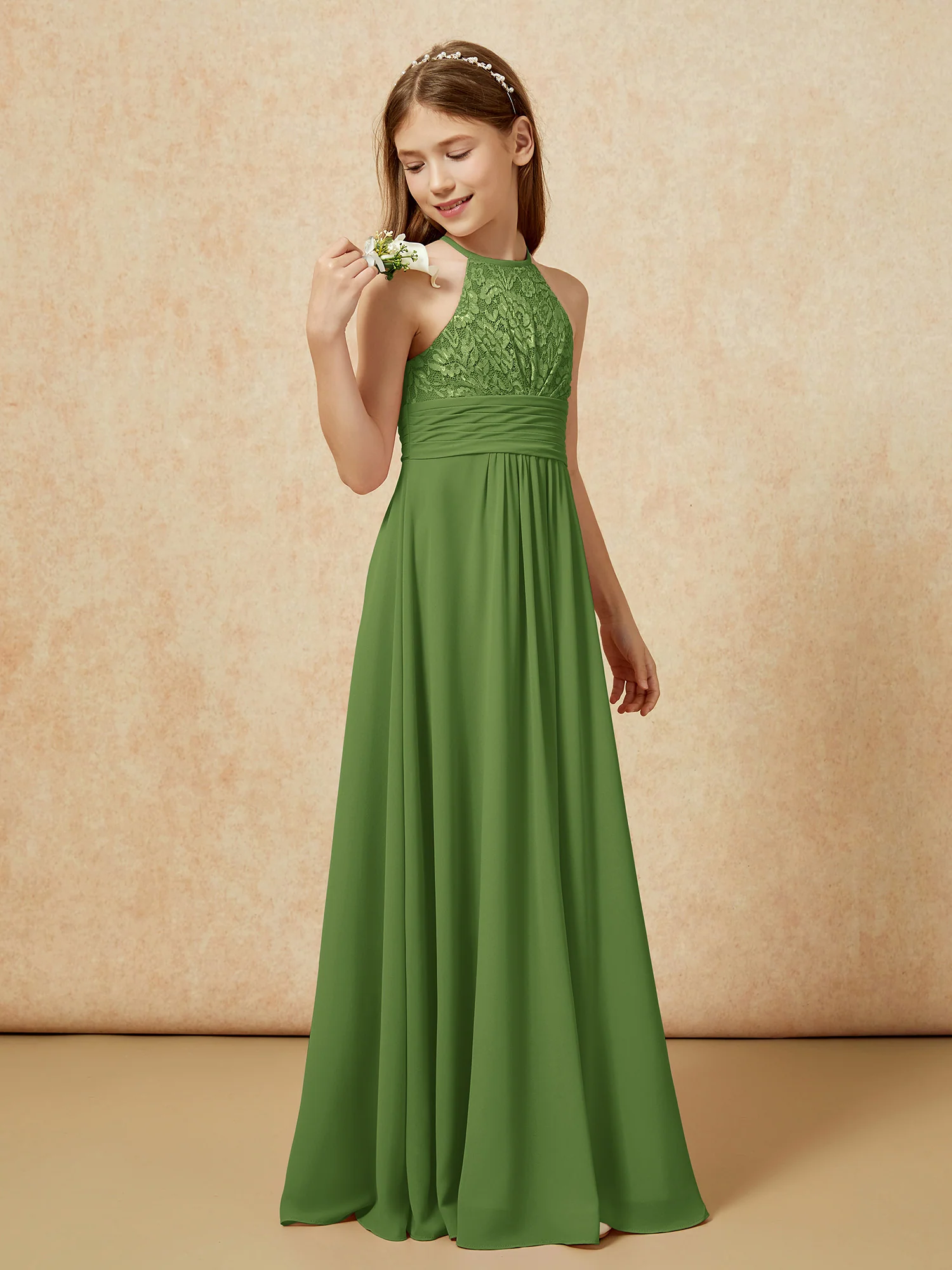 Halter Neck Lace Top Chiffon Junior Bridesmaid Dress Moss - Image 3