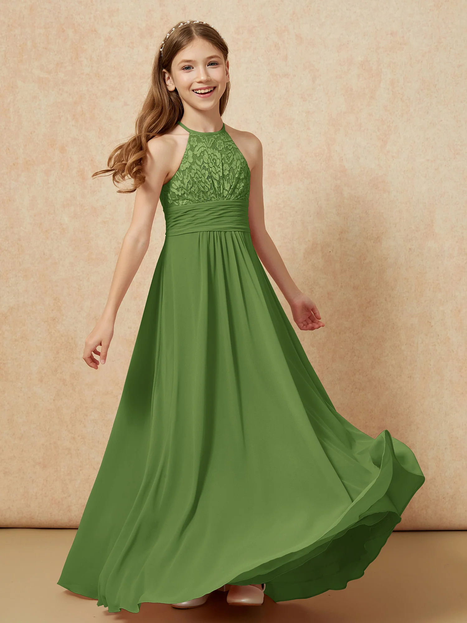 Halter Neck Lace Top Chiffon Junior Bridesmaid Dress Moss - Image 4