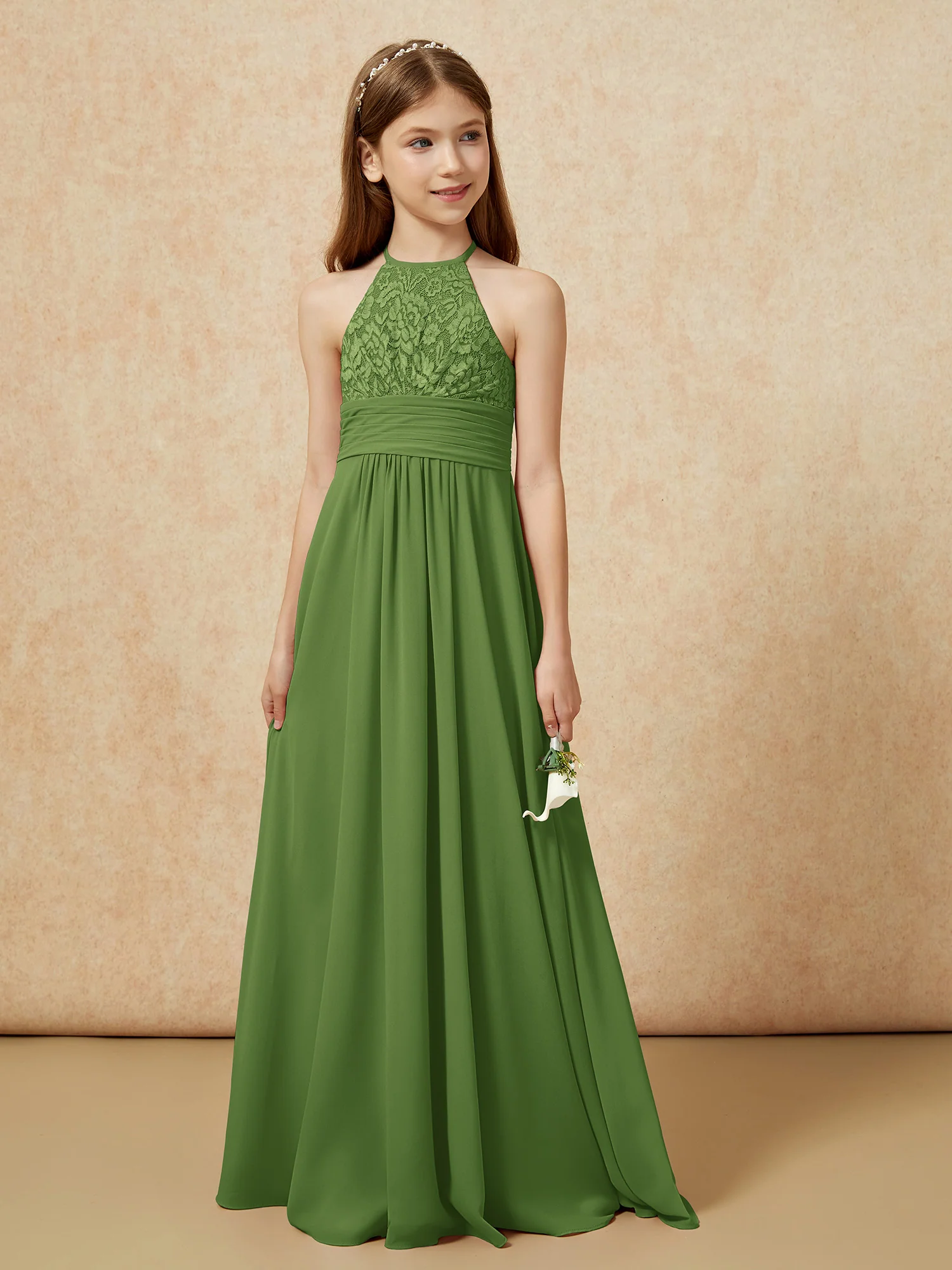 Halter Neck Lace Top Chiffon Junior Bridesmaid Dress Moss - Image 5