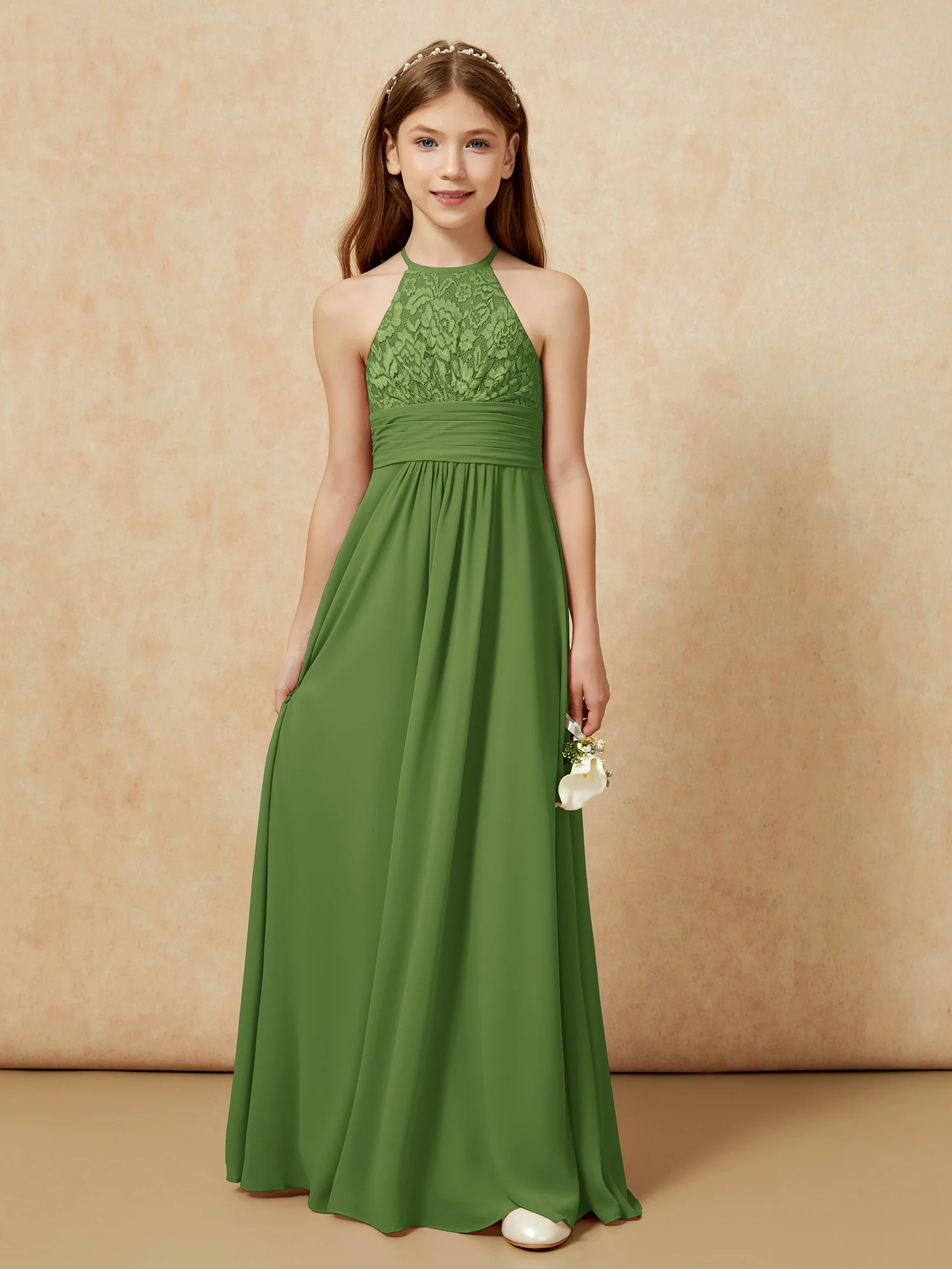 Halter Neck Lace Top Chiffon Junior Bridesmaid Dress Moss - Image 7