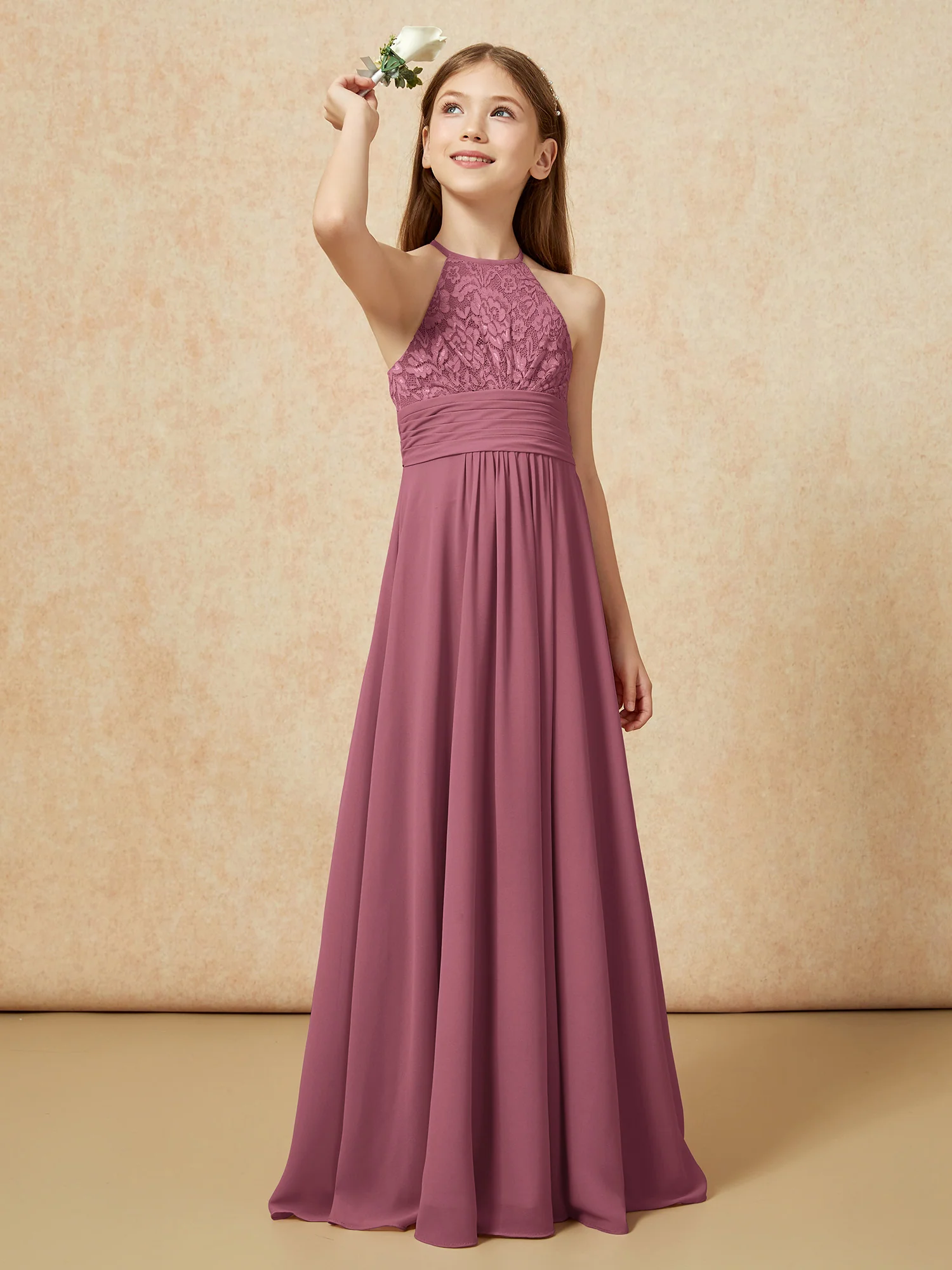 Halter Neck Lace Top Chiffon Junior Bridesmaid Dress Mulberry