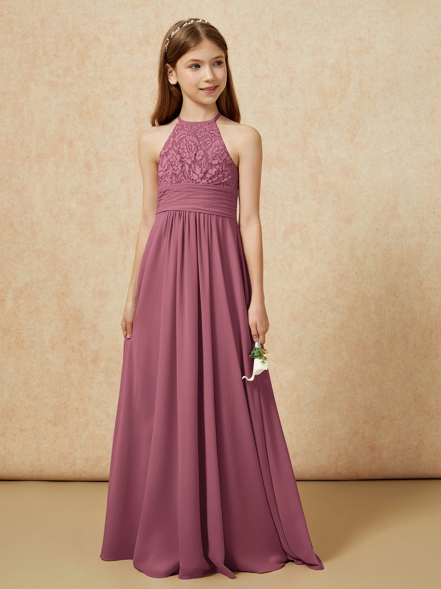 Halter Neck Lace Top Chiffon Junior Bridesmaid Dress Mulberry - Image 5